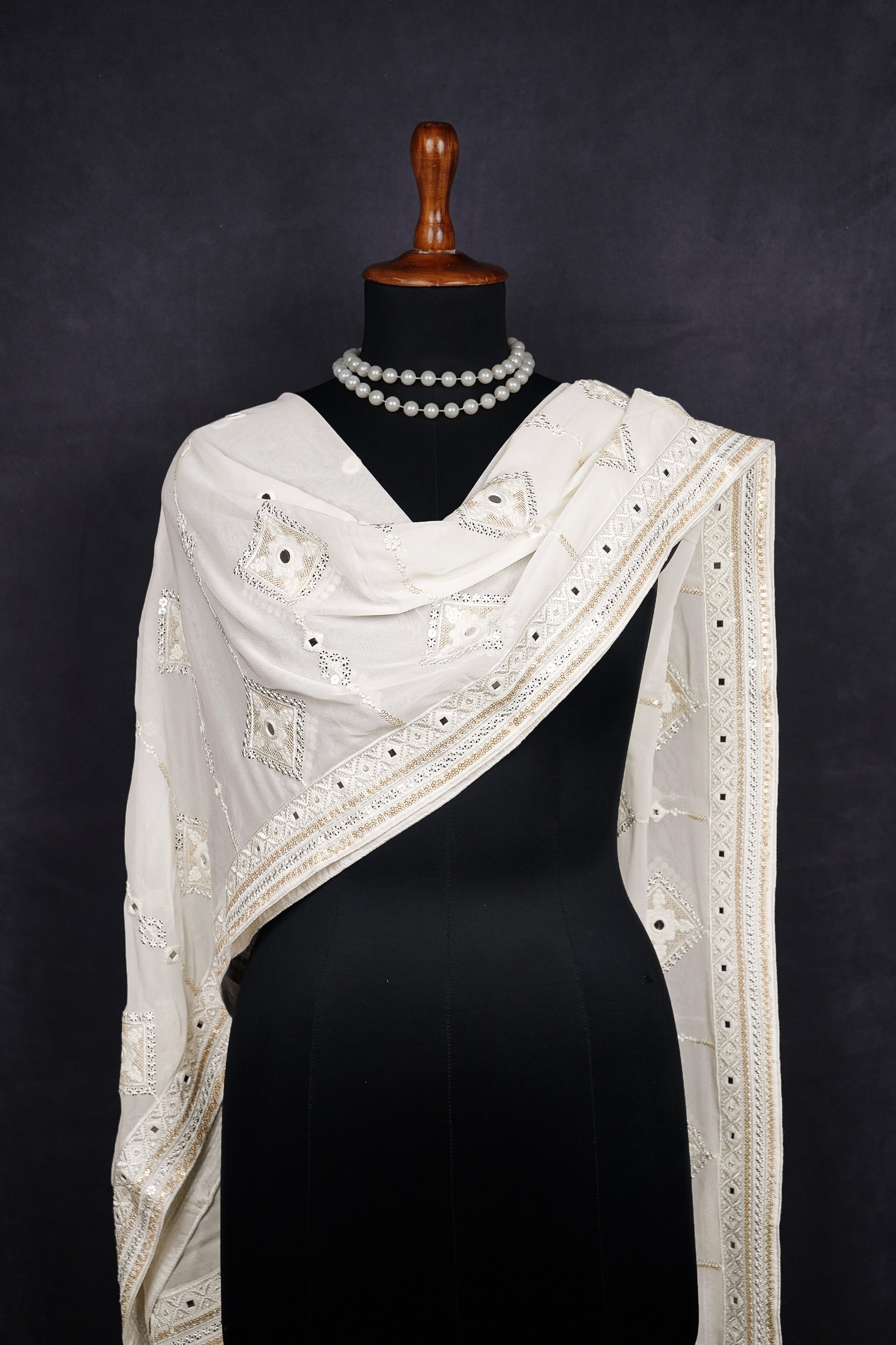 White Dyeable Georgette Dupatta With All Over Thread, Zari, Sequins And Faux Mirror Work 21579