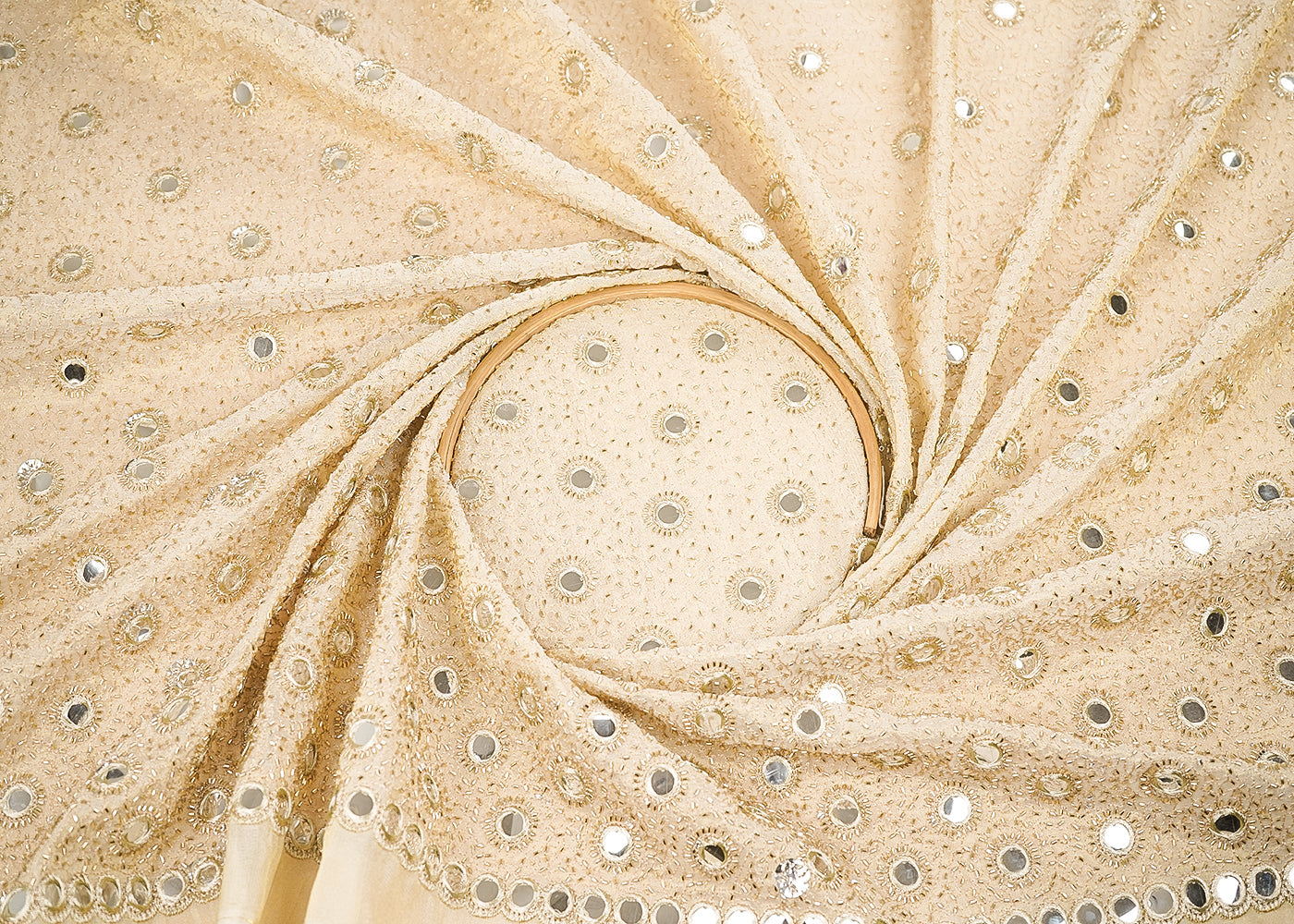 Golden Dyeable Tissue Fabric With All Over Zari, Faux Mirror And Katdana Work 21581