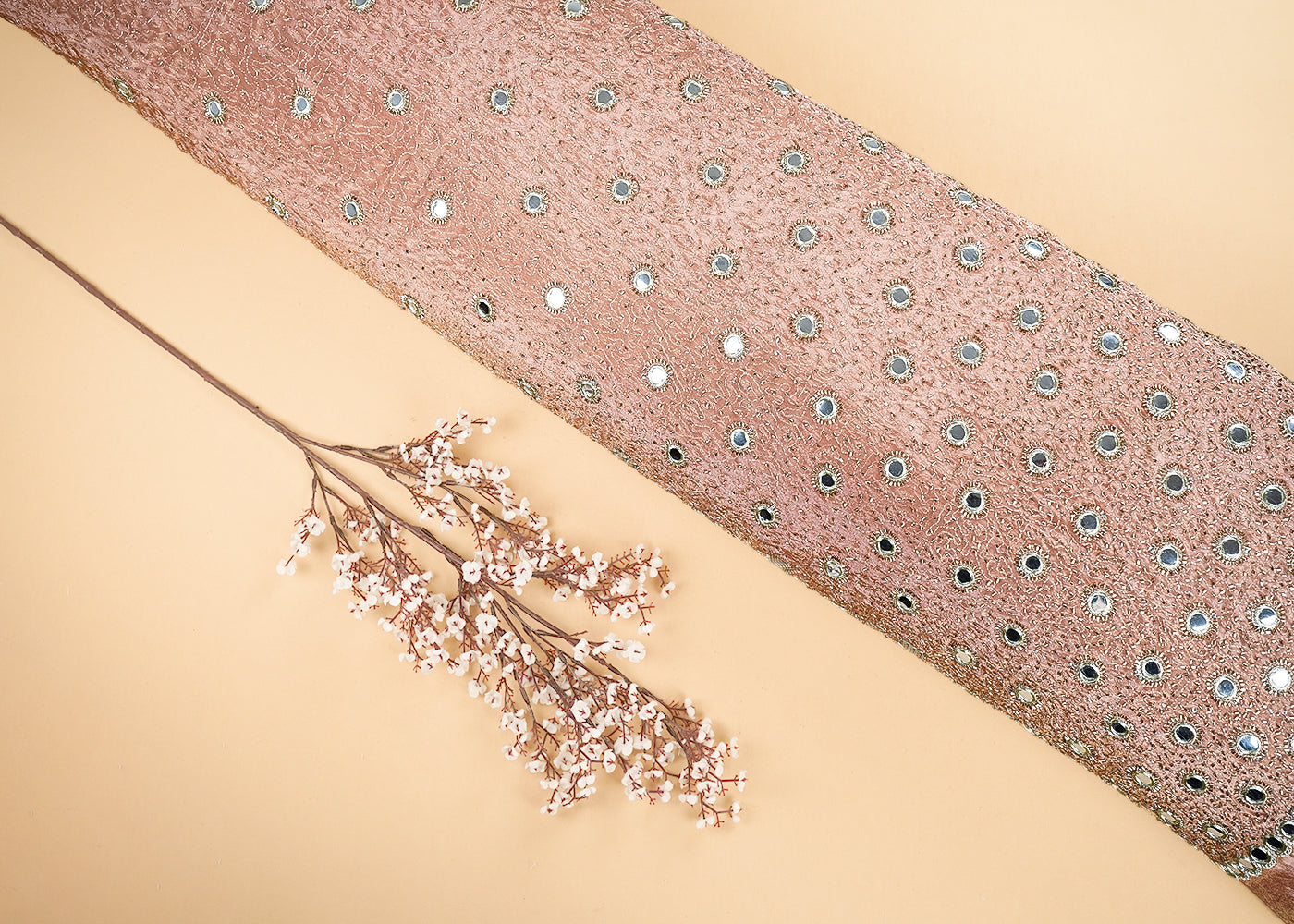 Peach Tissue Fabric With All Over Zari, Faux Mirror And Katdana Work 21582