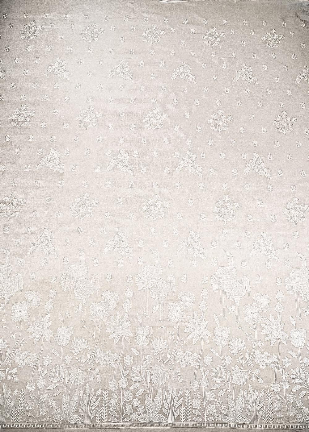 White Dyeable Silk Fabric With All Over Thread And Sequins Work With One Side Bird Motif Border 21584