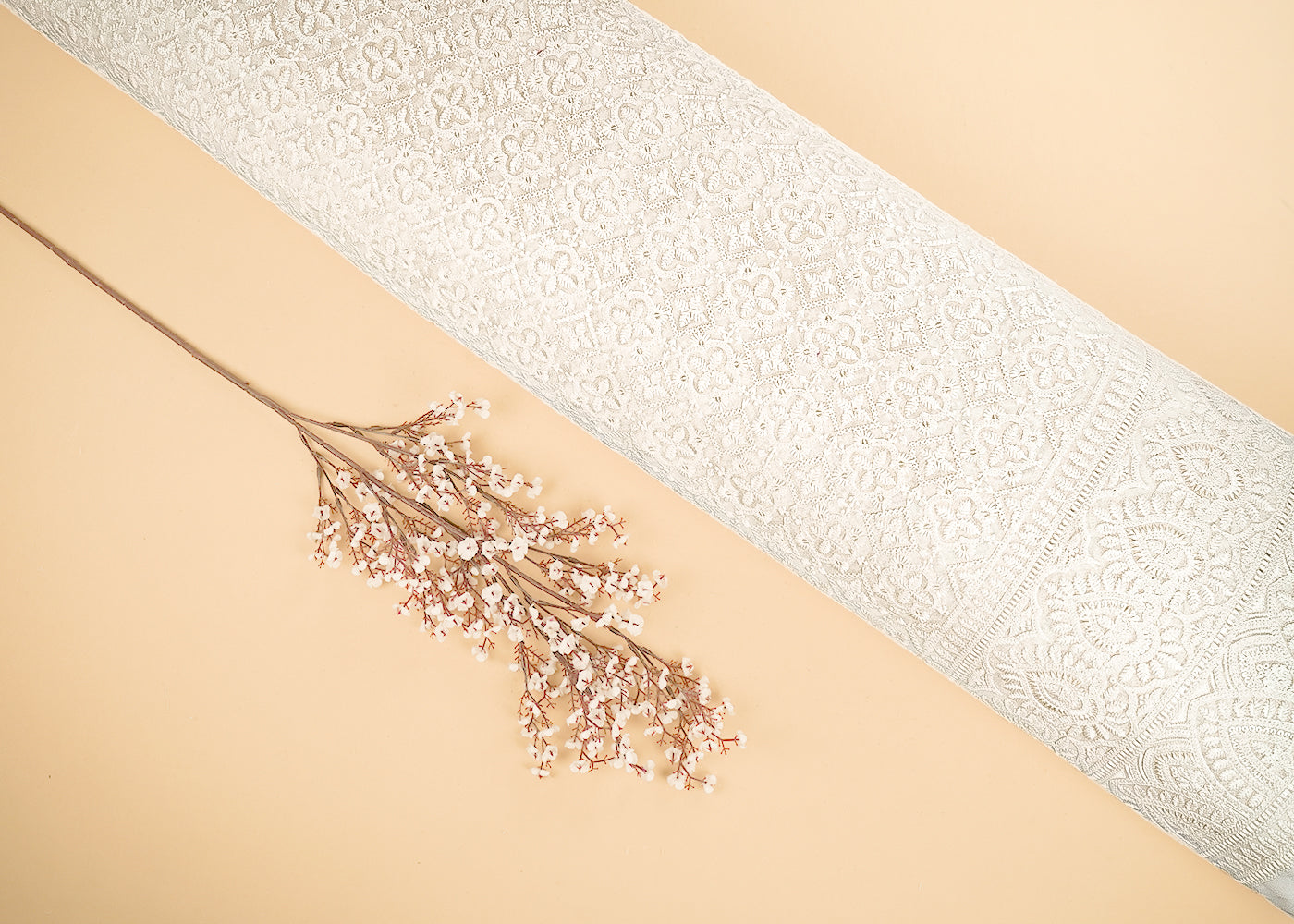 White Dyeable Georgette Fabric With All Over Sequins And Thread Work With One side Border 21585