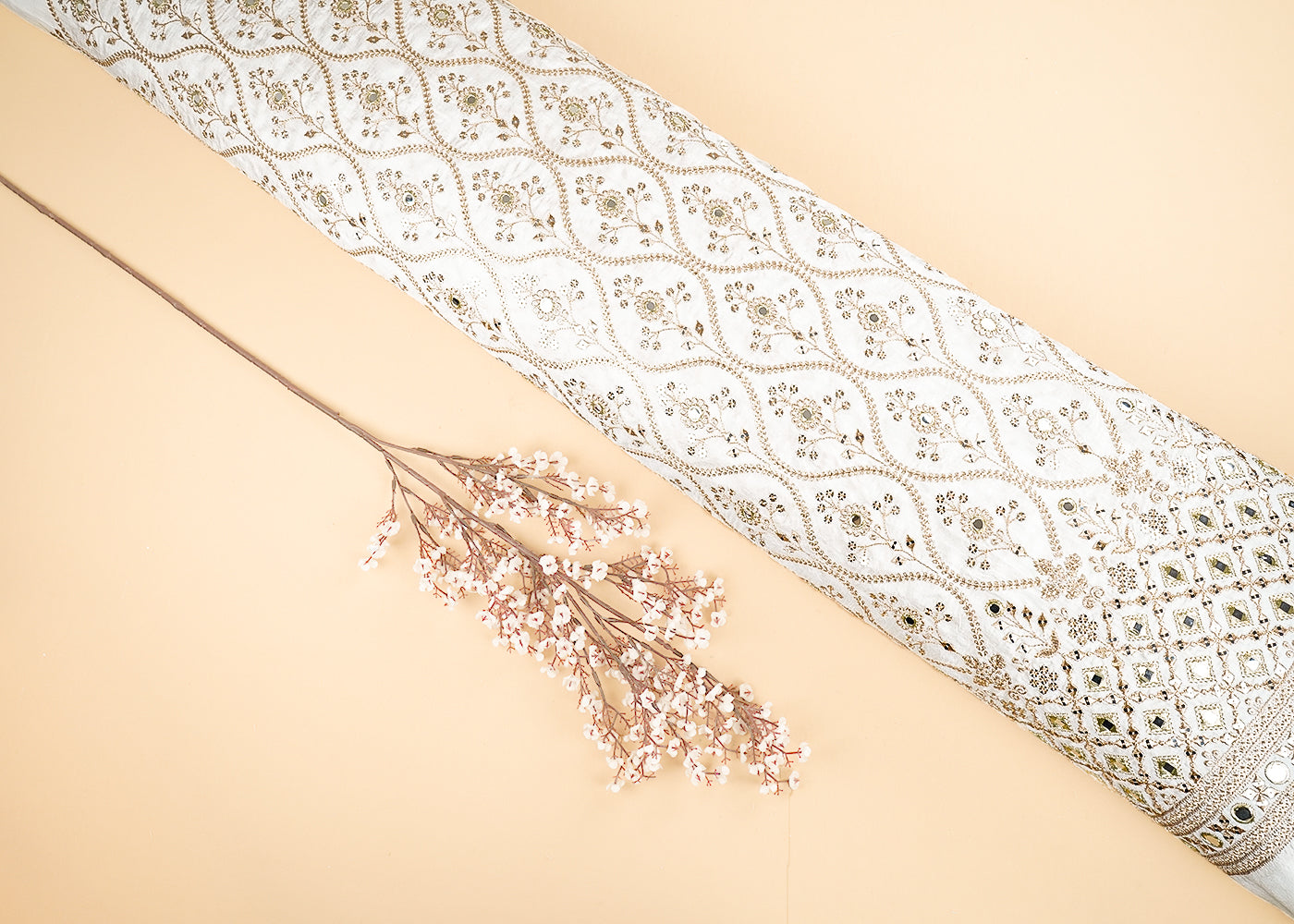 White Dyeable Silk Fabric With All Over Zari, Faux Mirror And Sequins Work With One Side Border 21587