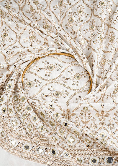 White Dyeable Silk Fabric With All Over Zari, Faux Mirror And Sequins Work With One Side Border 21587