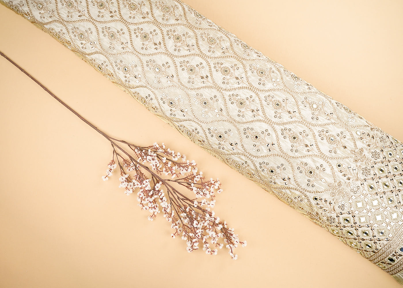 Golden Dyeable Tissue Fabric With All Over Zari, Sequins And Faux Mirror Work With One Side Border 21588