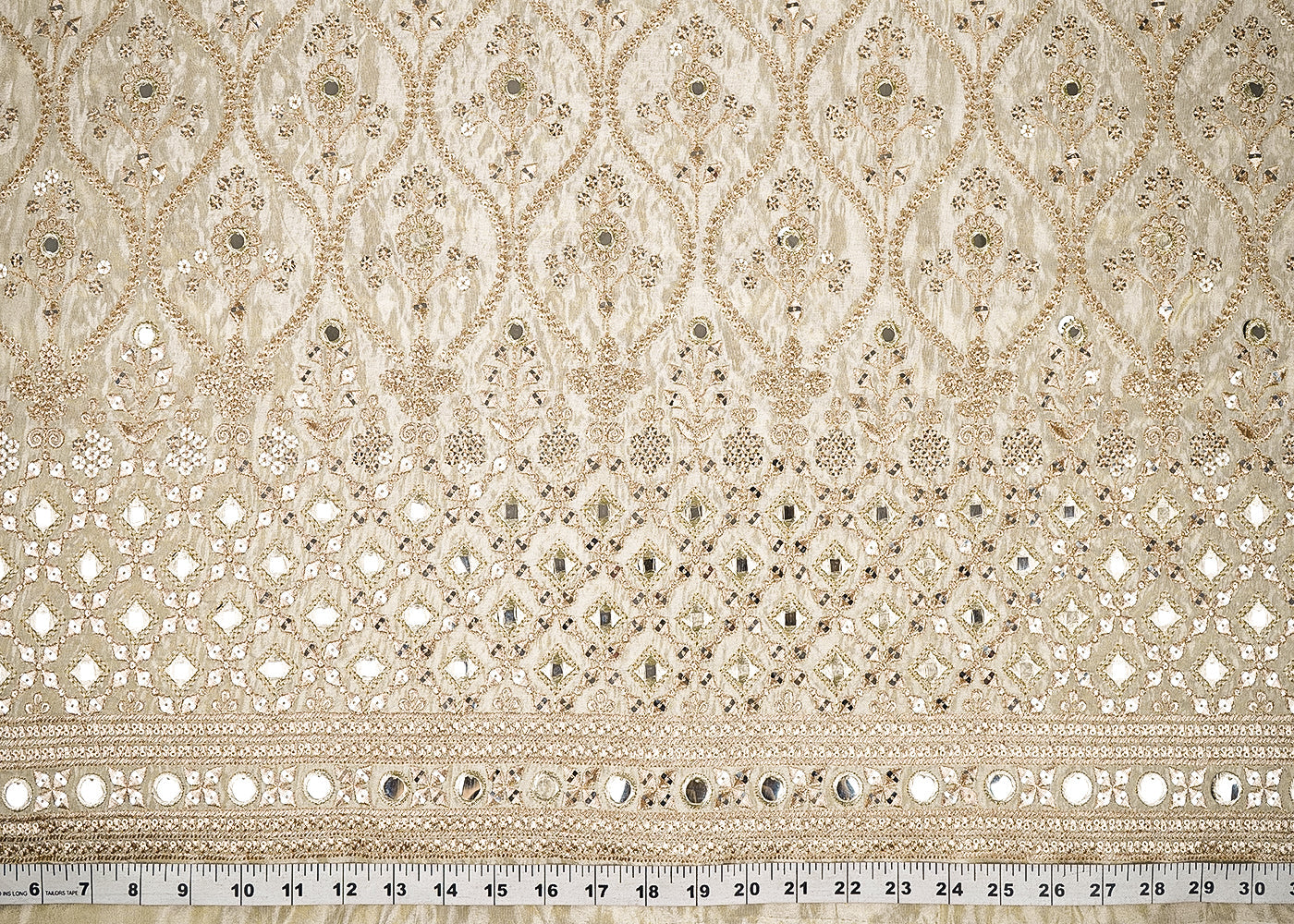 Golden Dyeable Tissue Fabric With All Over Zari, Sequins And Faux Mirror Work With One Side Border 21588