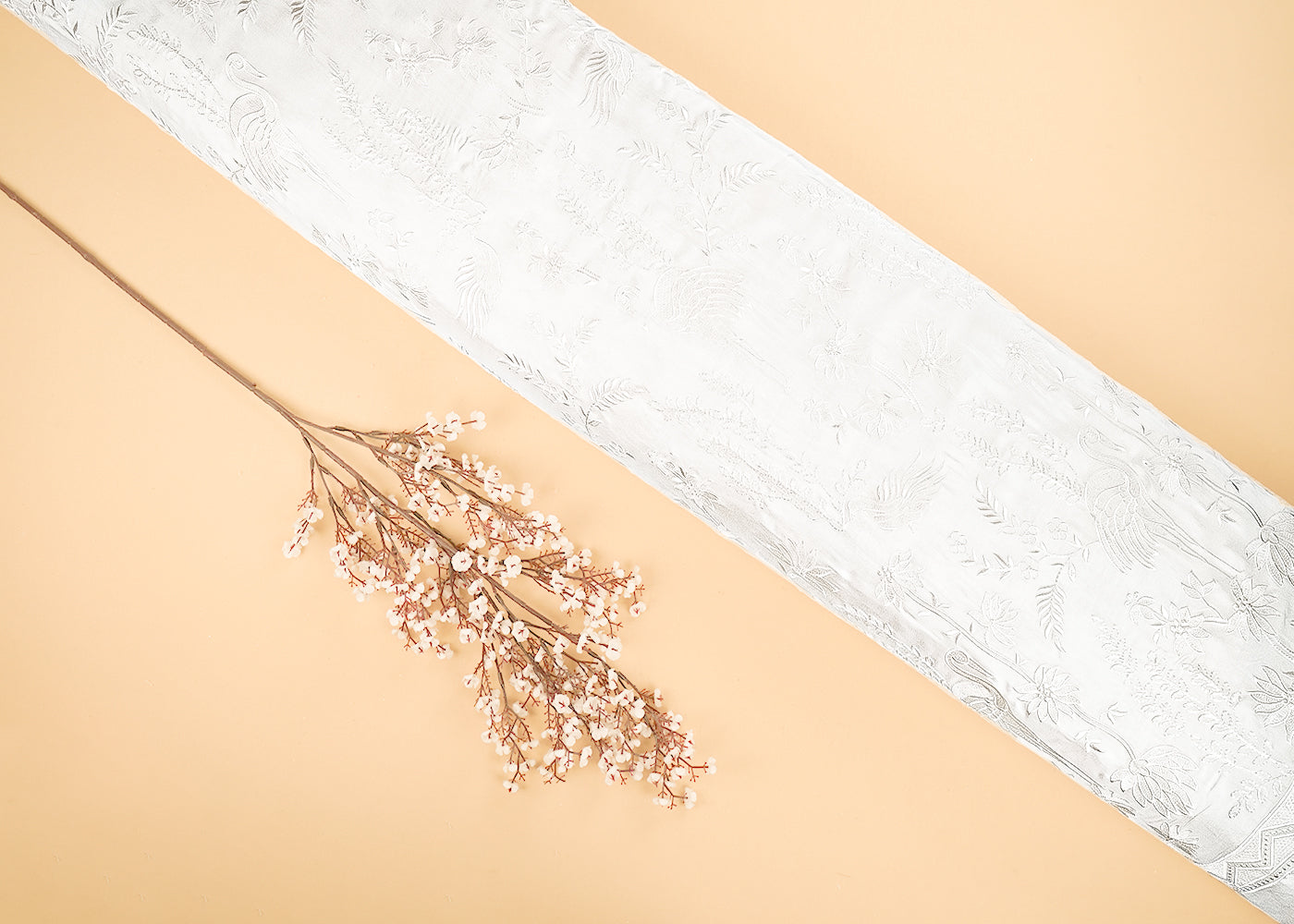 White Dyeable Silk Fabric With All Over Bird Motif Of Thread And sequins Work 21589