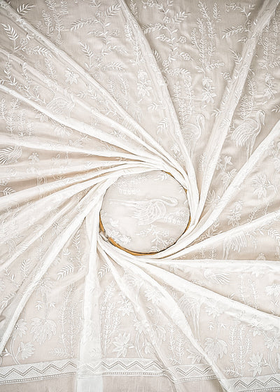 White Dyeable Silk Fabric With All Over Bird Motif Of Thread And sequins Work 21589