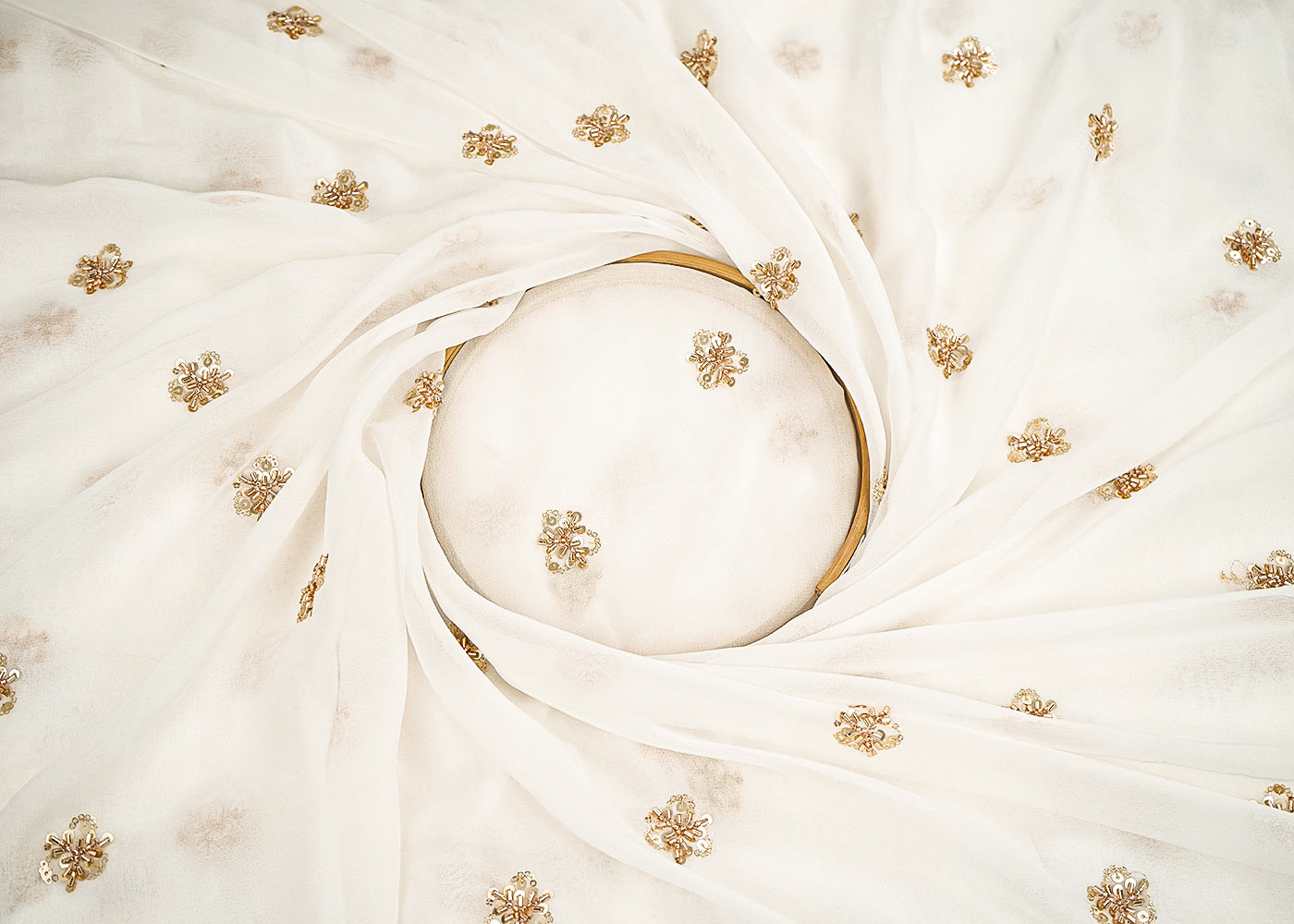 White Dyeable Georgette Fabric With All Over Buti Of Sequins, Katdana And Bead Work 21590