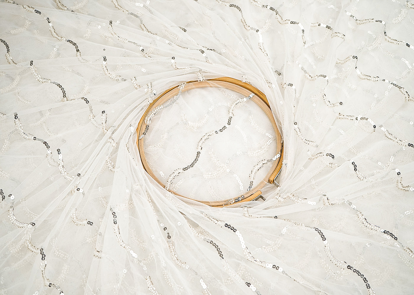 White Dyeable Net Fabric With All Over Stripes Of Katdana, Sequins And Beads Work 21594