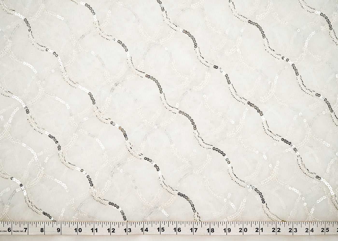 White Dyeable Net Fabric With All Over Stripes Of Katdana, Sequins And Beads Work 21594