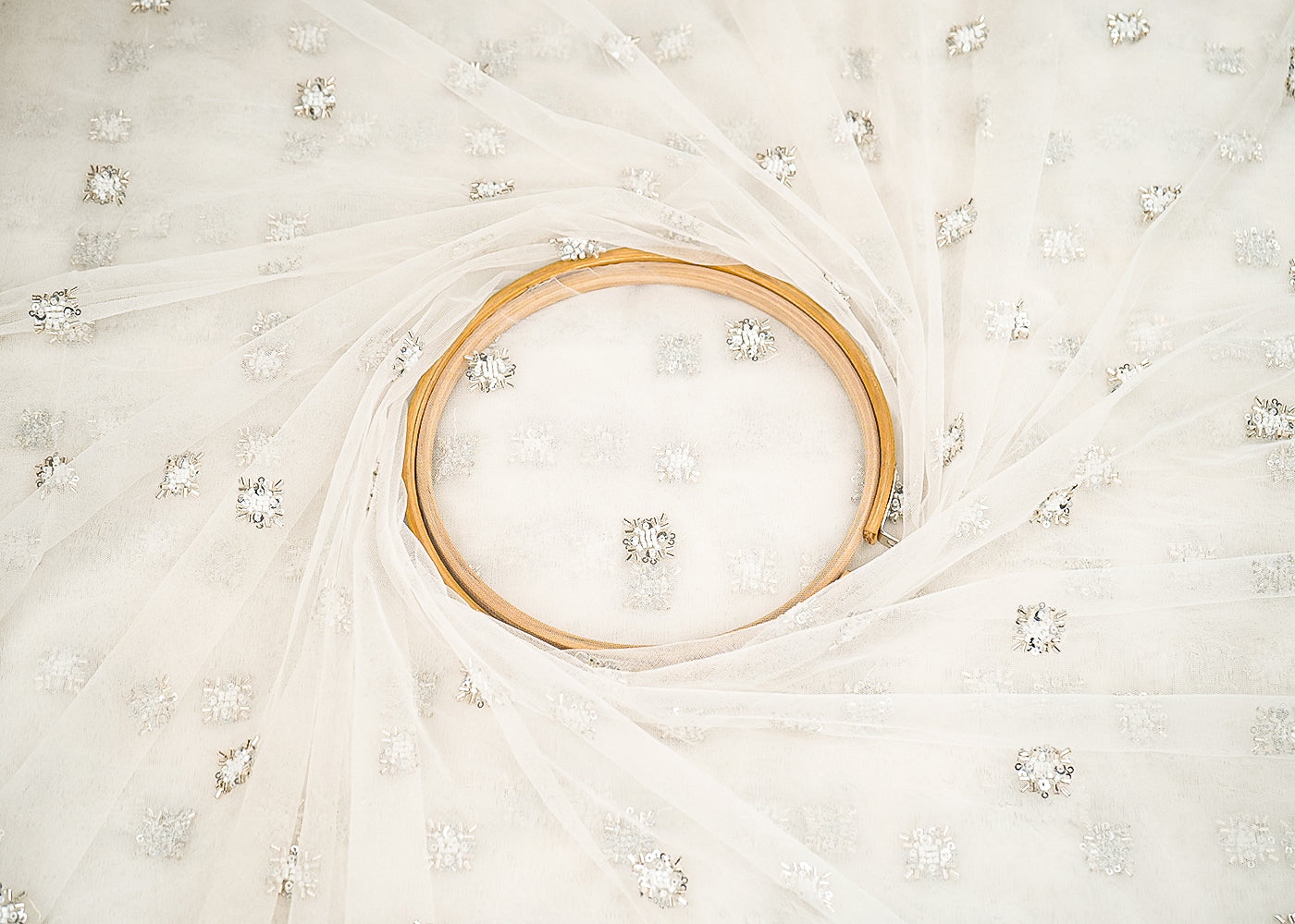 White Dyeable Net Fabric With All Over Buti Of Katdana, Sequins And Beads Work 21596