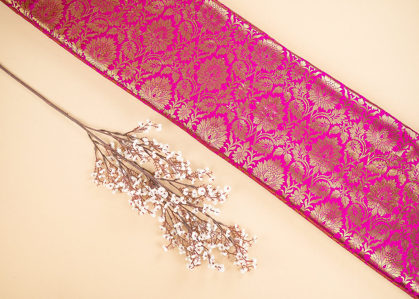 Rani Pink Banarasi Brocade Fabric With All Over Golden Zari Handloom 21597