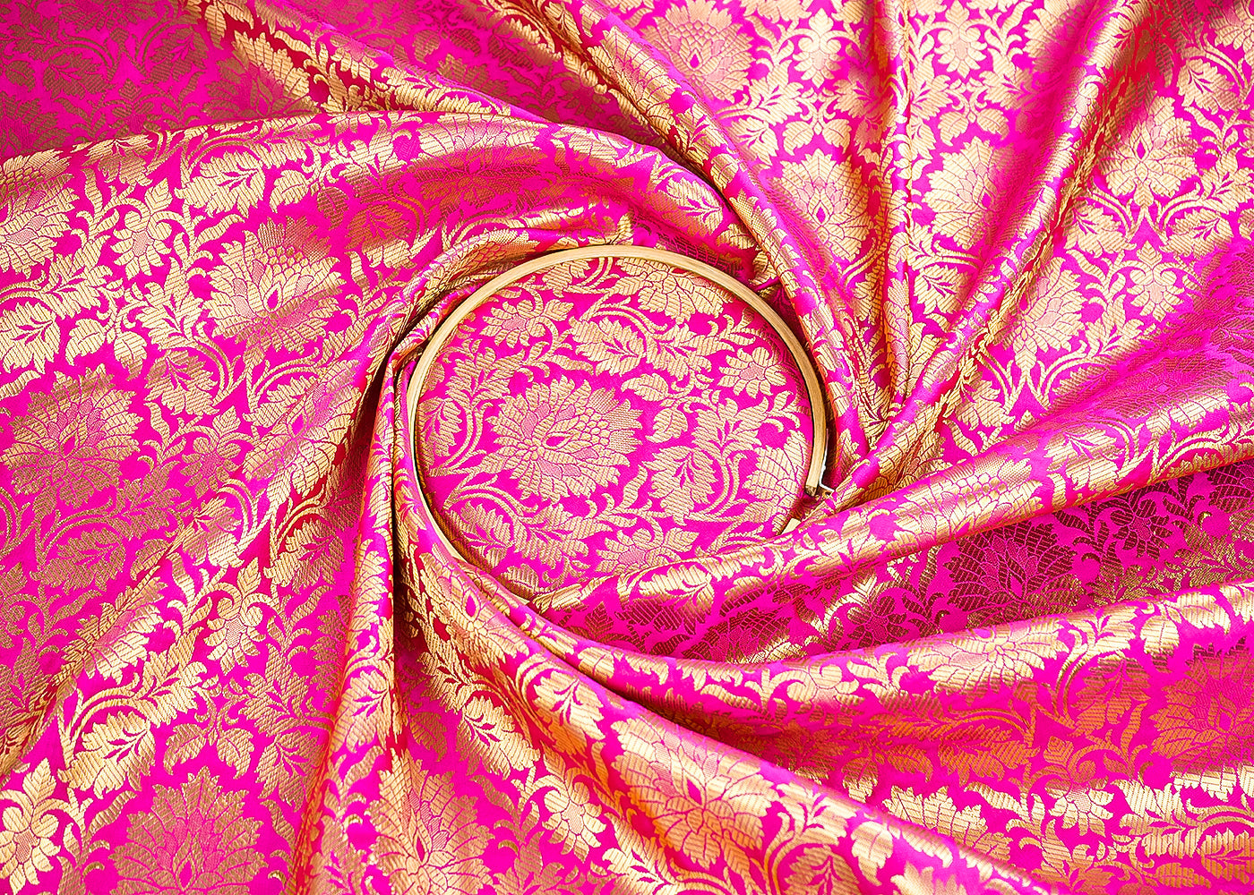 Rani Pink Banarasi Brocade Fabric With All Over Golden Zari Handloom 21597