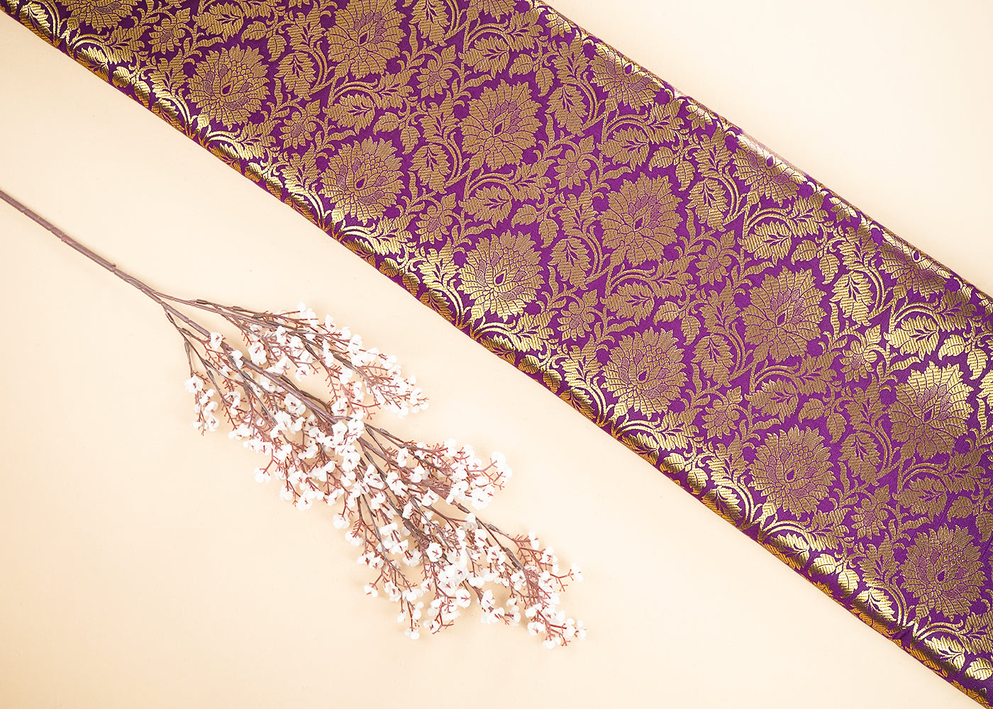 Purple Banarasi Brocade Fabric With All Over Golden Zari Handloom 21598