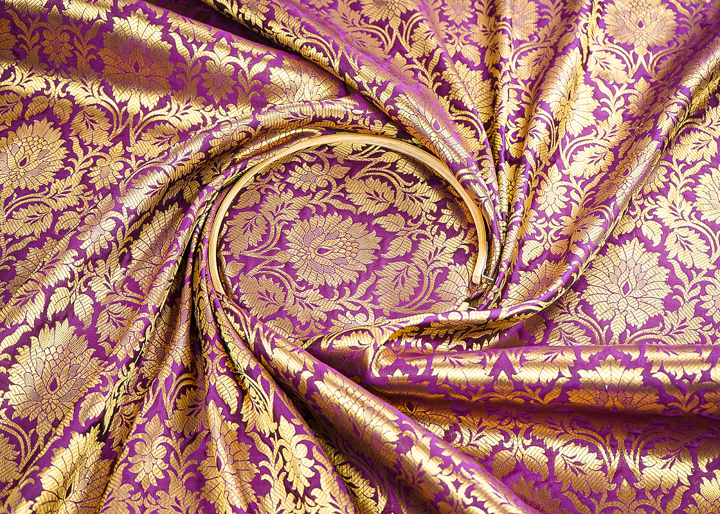 Purple Banarasi Brocade Fabric With All Over Golden Zari Handloom 21598