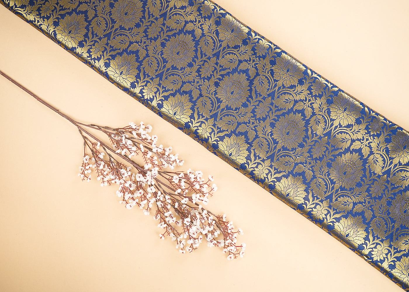 Greyish Blue Banarasi Brocade Fabric With All Over Golden Zari Handloom 21599