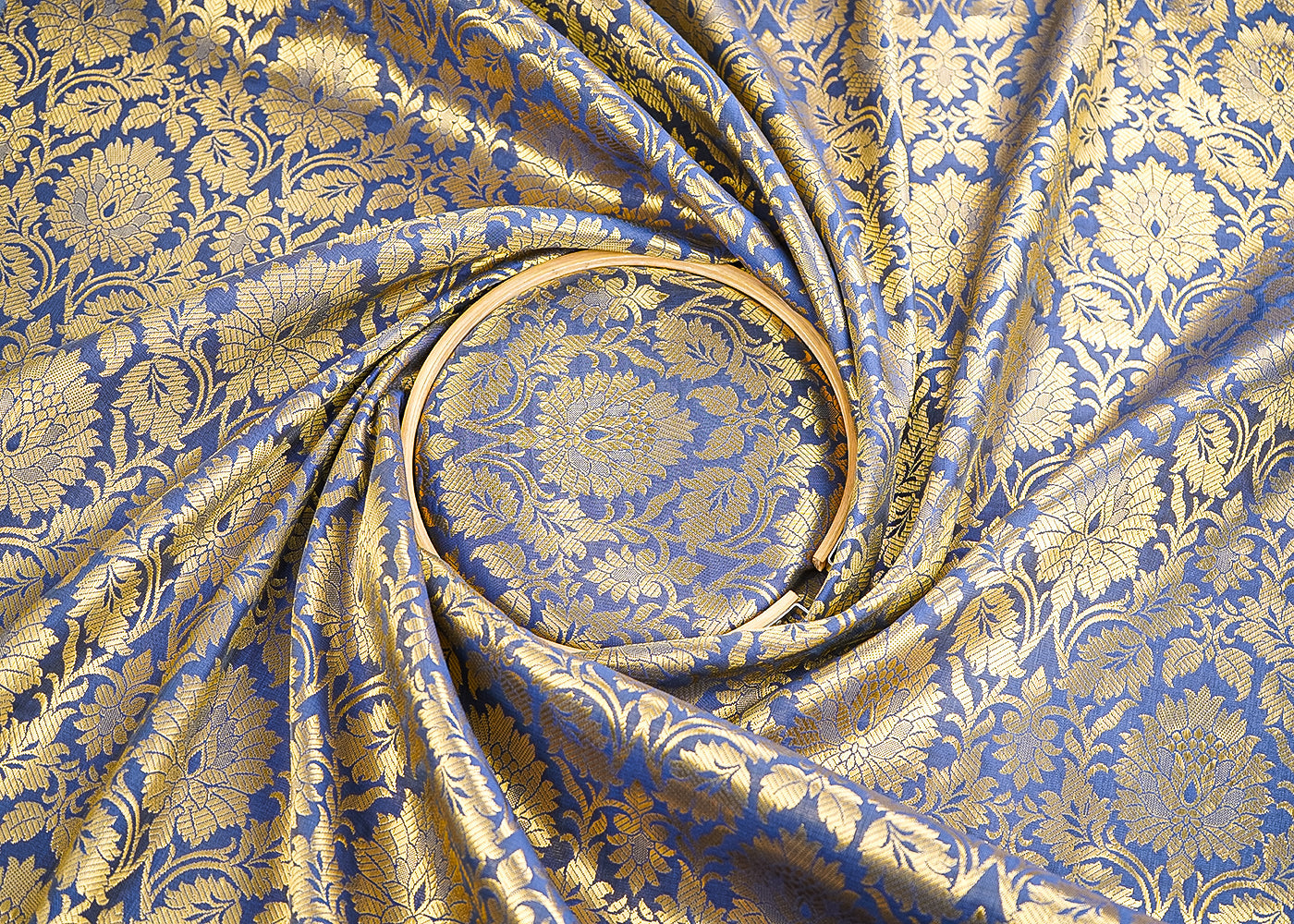 Greyish Blue Banarasi Brocade Fabric With All Over Golden Zari Handloom 21599