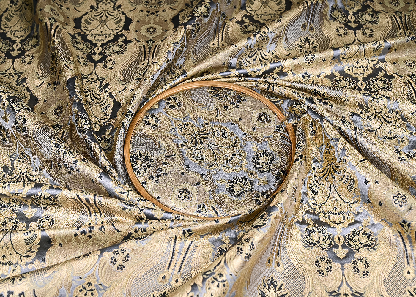 Grey Banarasi Brocade Fabric With All Over Golden Zari Handloom 21612