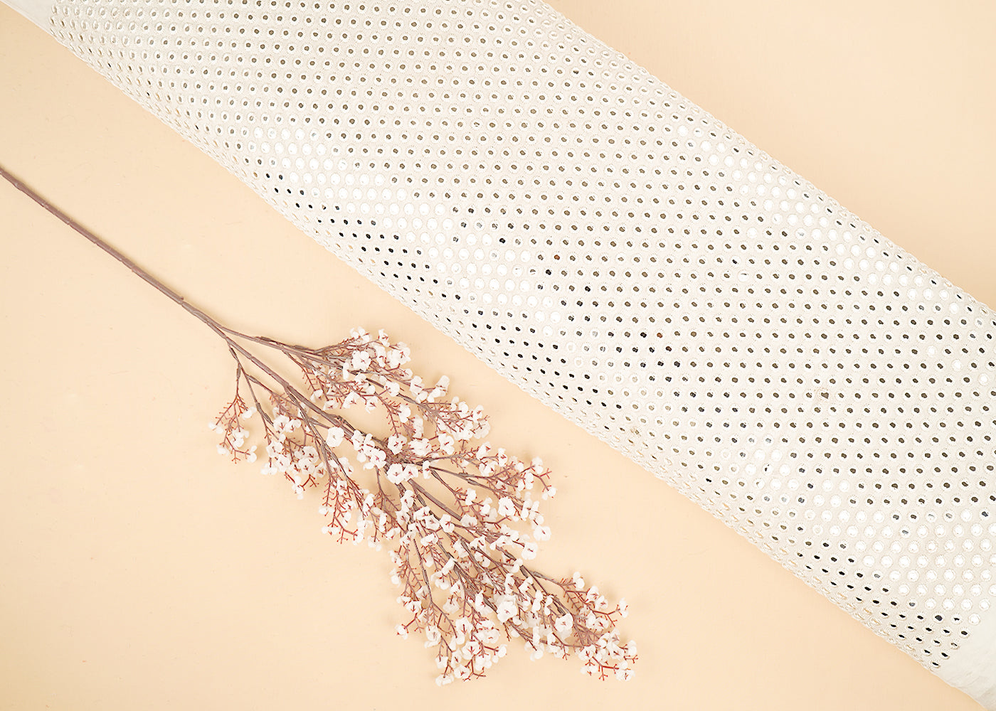 White Dyeable Georgette Fabric With All Over Faux Mirror, Thread Work 21614