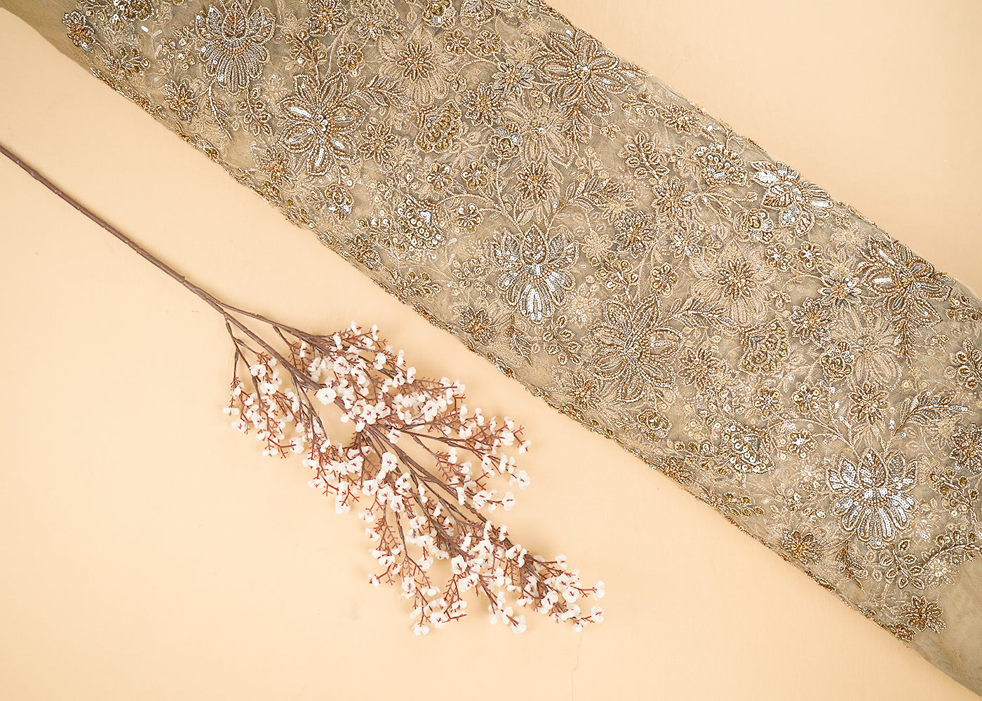 Golden Imported Net Fabric With All Over Zari, Katdana, Sequins And Bead Work 21616