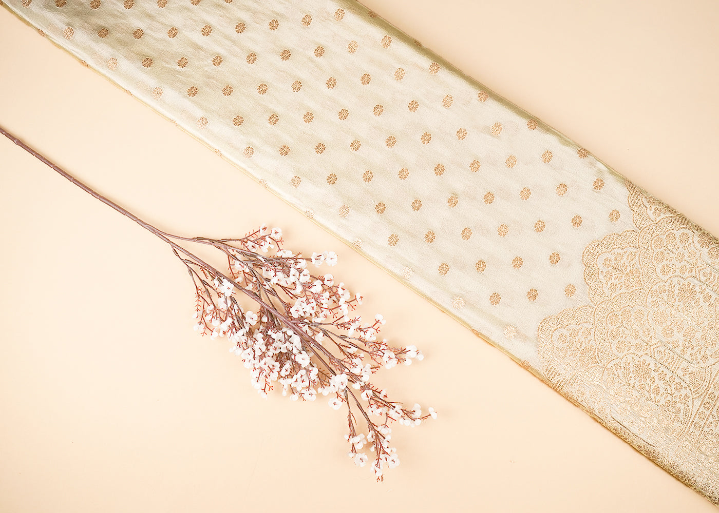 Golden Dyeable Tissue Fabric With All Over Zari Handloom With One Side Border 21619