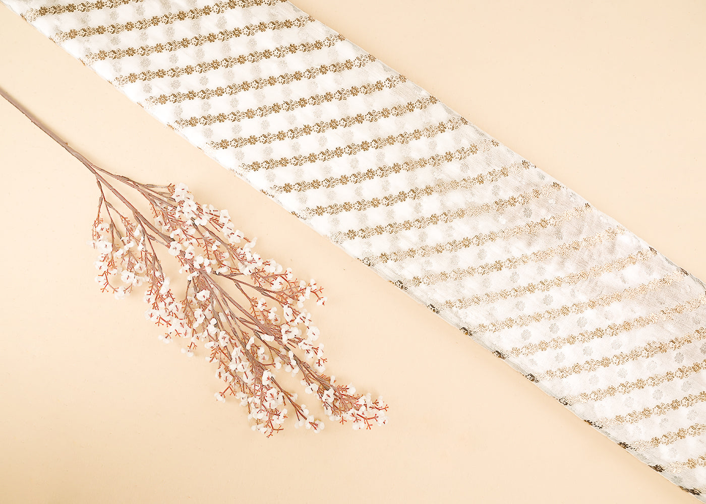 White Dyeable Silk Fabric With All Over Stripes Of Self Work And Zari Handloom 21620