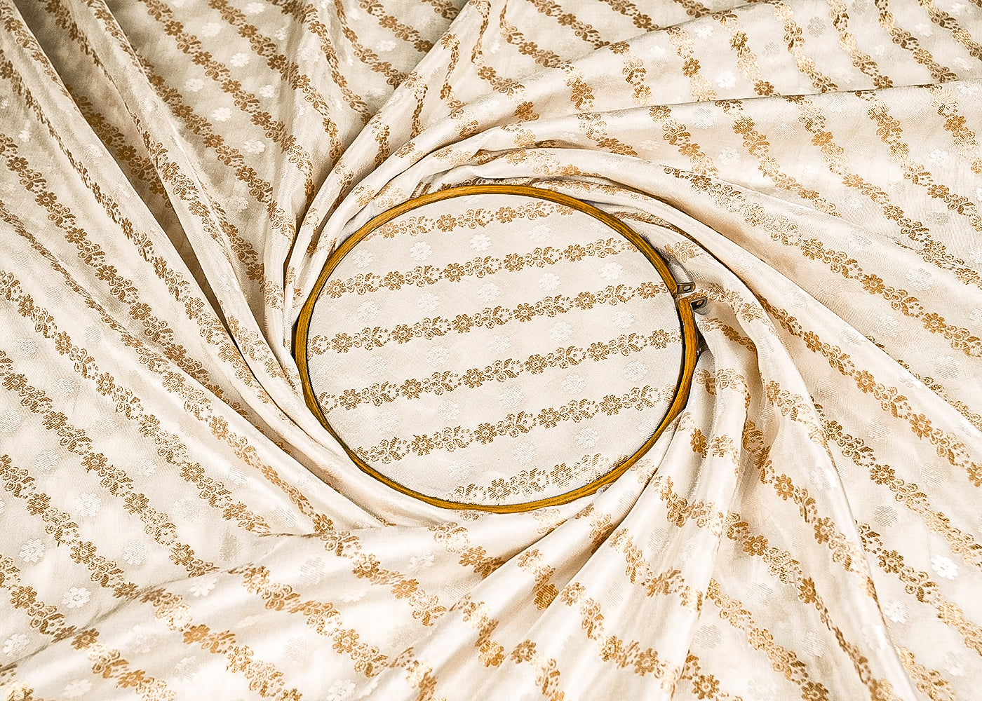 White Dyeable Silk Fabric With All Over Stripes Of Self Work And Zari Handloom 21620