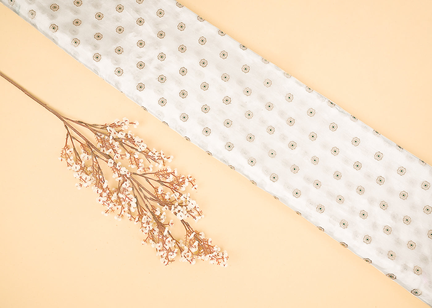 White Dyeable Silk Fabric With All Over Thread And Zari Handloom 21623