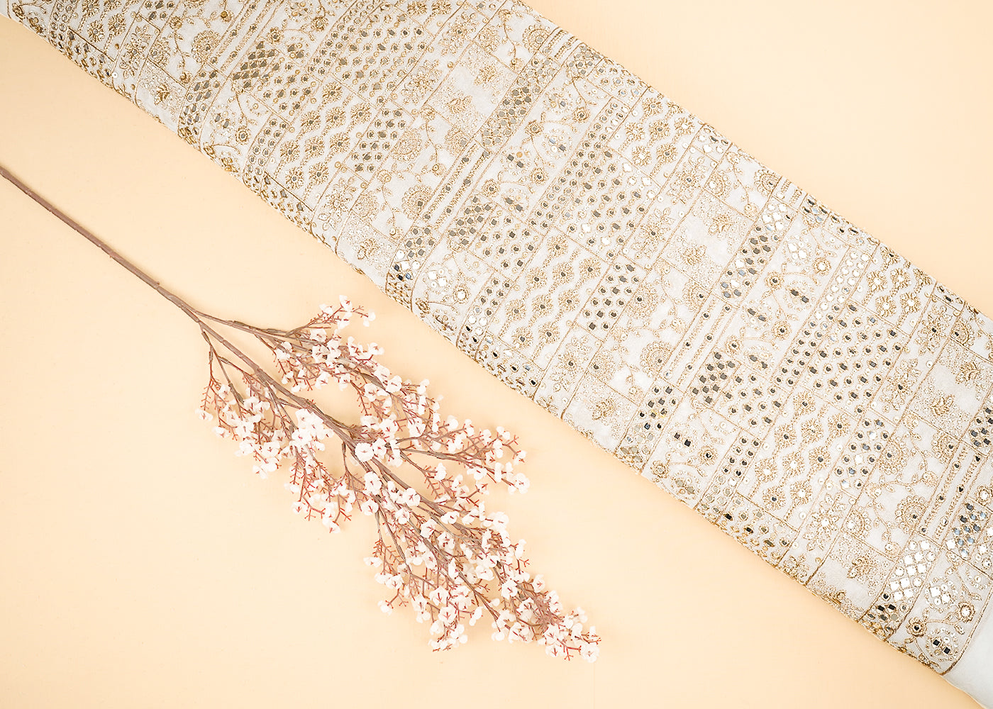 White Dyeable Georgette Fabric With All Over Zari, Faux Mirror And Sequins Work 21630