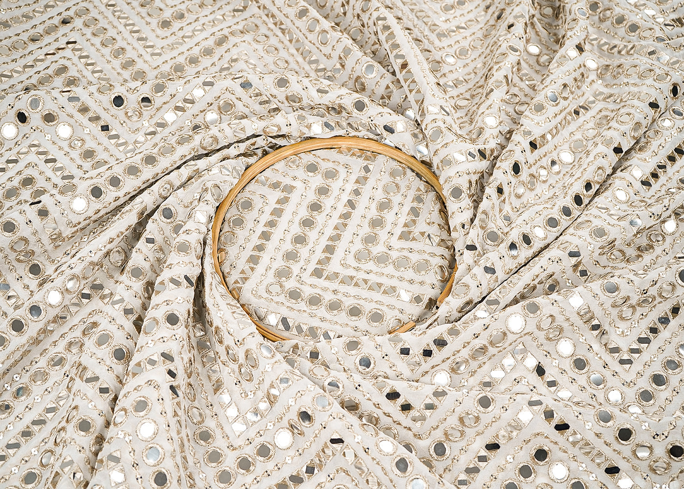 White Dyeable Georgette Fabric With All Over Faux Mirror, Zari And Sequins Work 21631