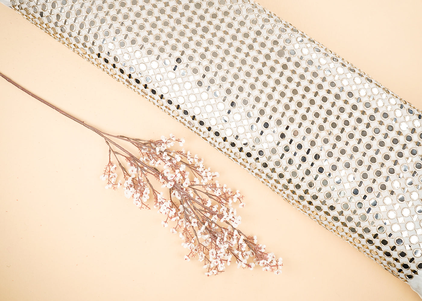 White Dyeable Georgette Fabric With All Over Faux Mirror And Zari Work 21632