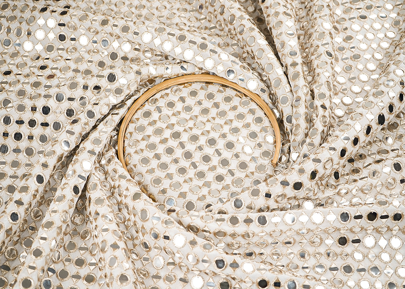 White Dyeable Georgette Fabric With All Over Faux Mirror And Zari Work 21632