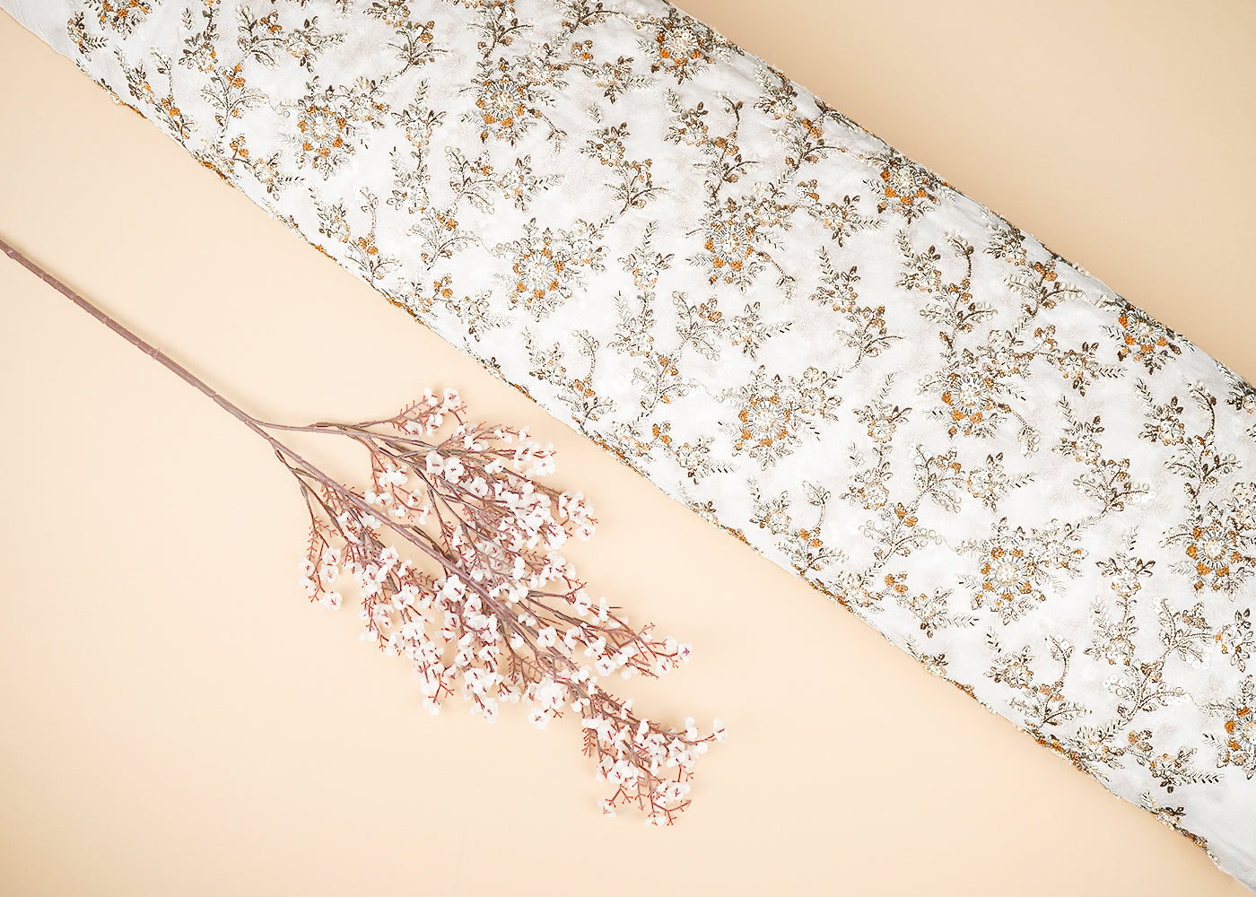 White Dyeable Georgette Fabric With All Over Zari, Sequins, Katdana And Bead Handwork 21633