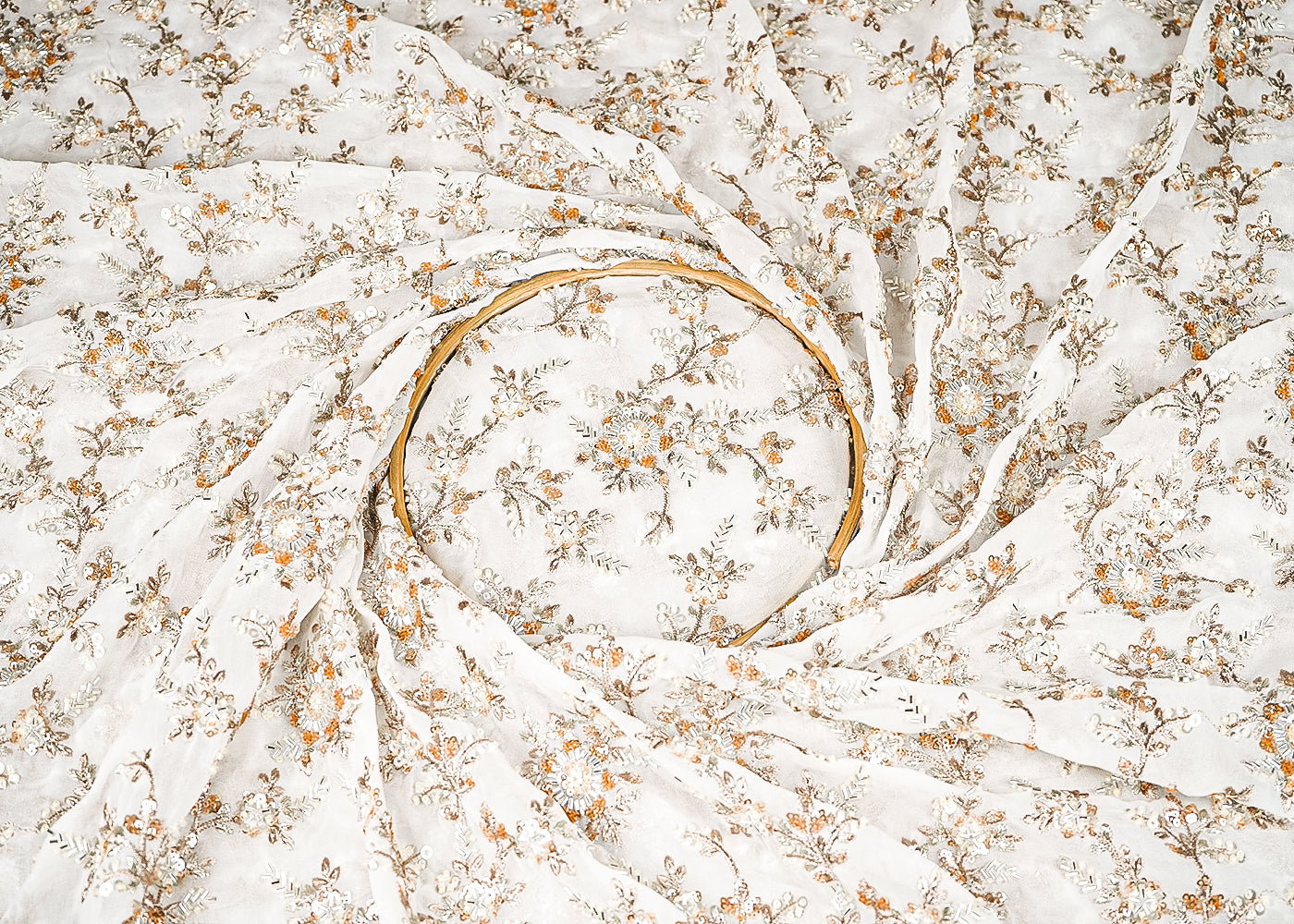 White Dyeable Georgette Fabric With All Over Zari, Sequins, Katdana And Bead Handwork 21633