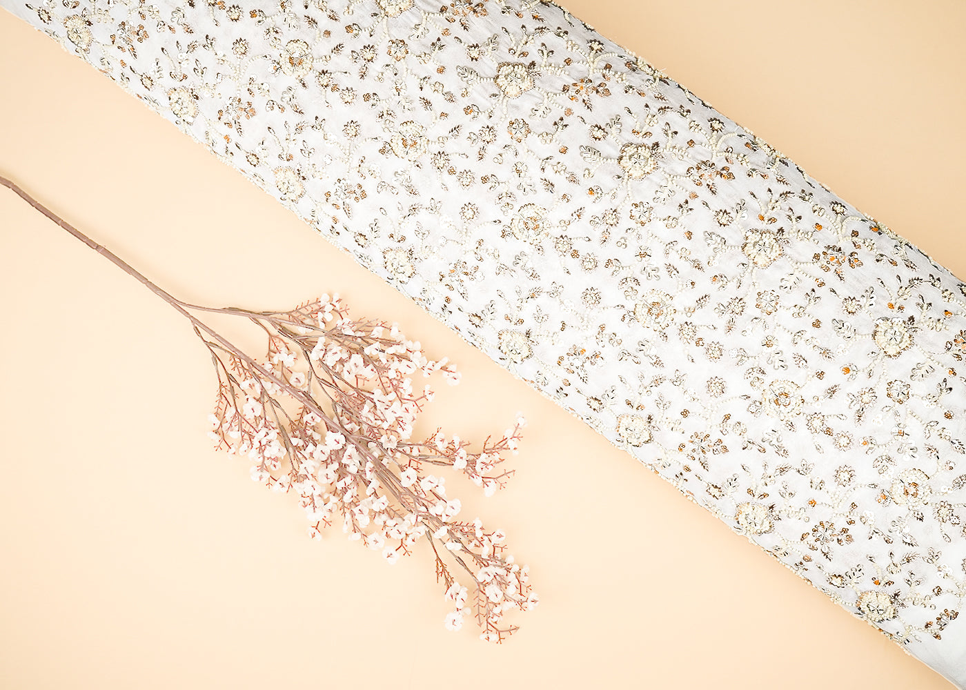 White Dyeable Georgette Fabric With All Over Zari, Sequins, Katdana And Bead Work 21636