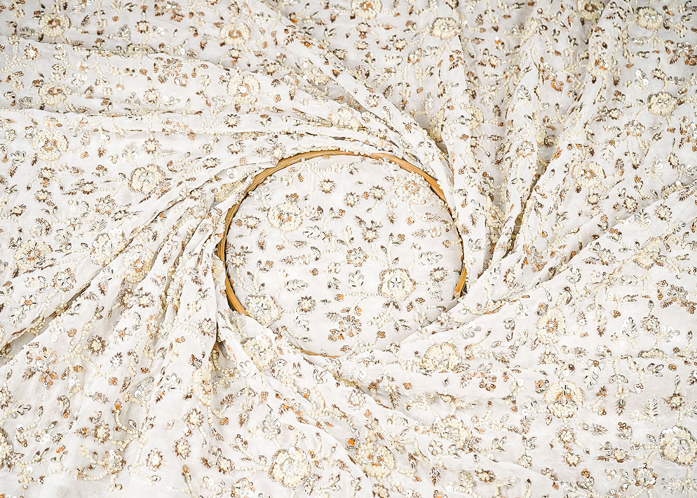 White Dyeable Georgette Fabric With All Over Zari, Sequins, Katdana And Bead Work 21636