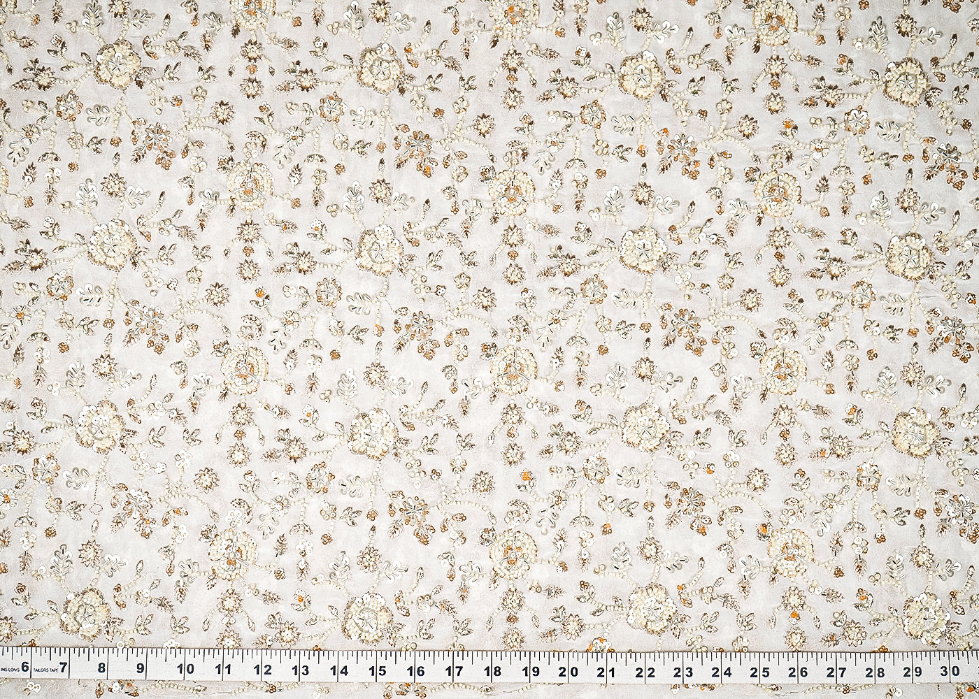 White Dyeable Georgette Fabric With All Over Zari, Sequins, Katdana And Bead Work 21636