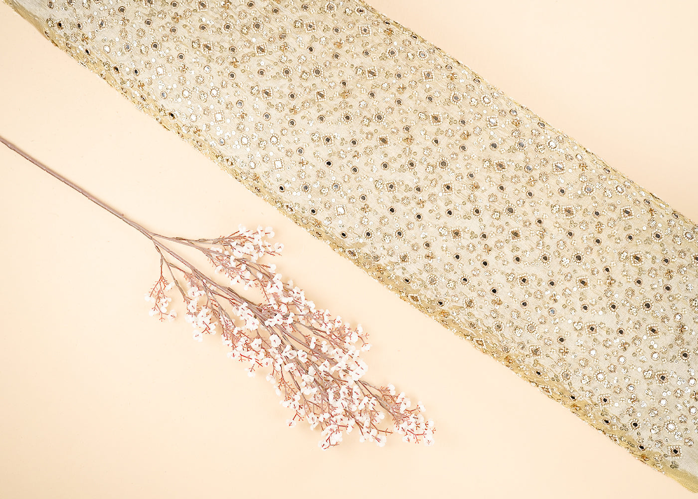 Golden Dyeable Tissue Fabric With All Over Zari, Sequins, Faux Mirror, Katdana And Bead Work 21637