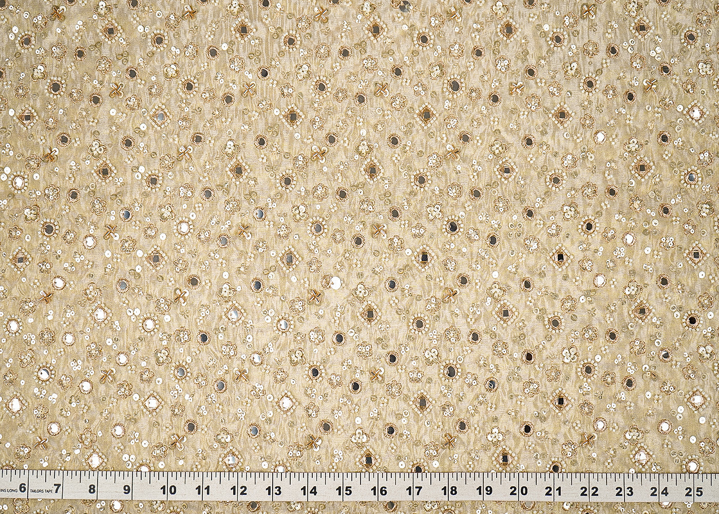 Golden Dyeable Tissue Fabric With All Over Zari, Sequins, Faux Mirror, Katdana And Bead Work 21637