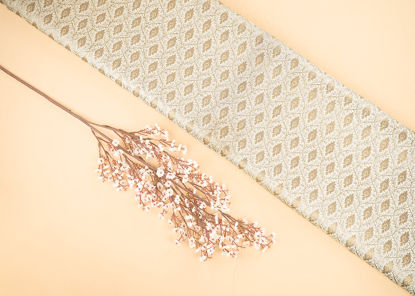 Cream Banarasi Brocade Fabric With All Over Golden Zari Handloom 21641