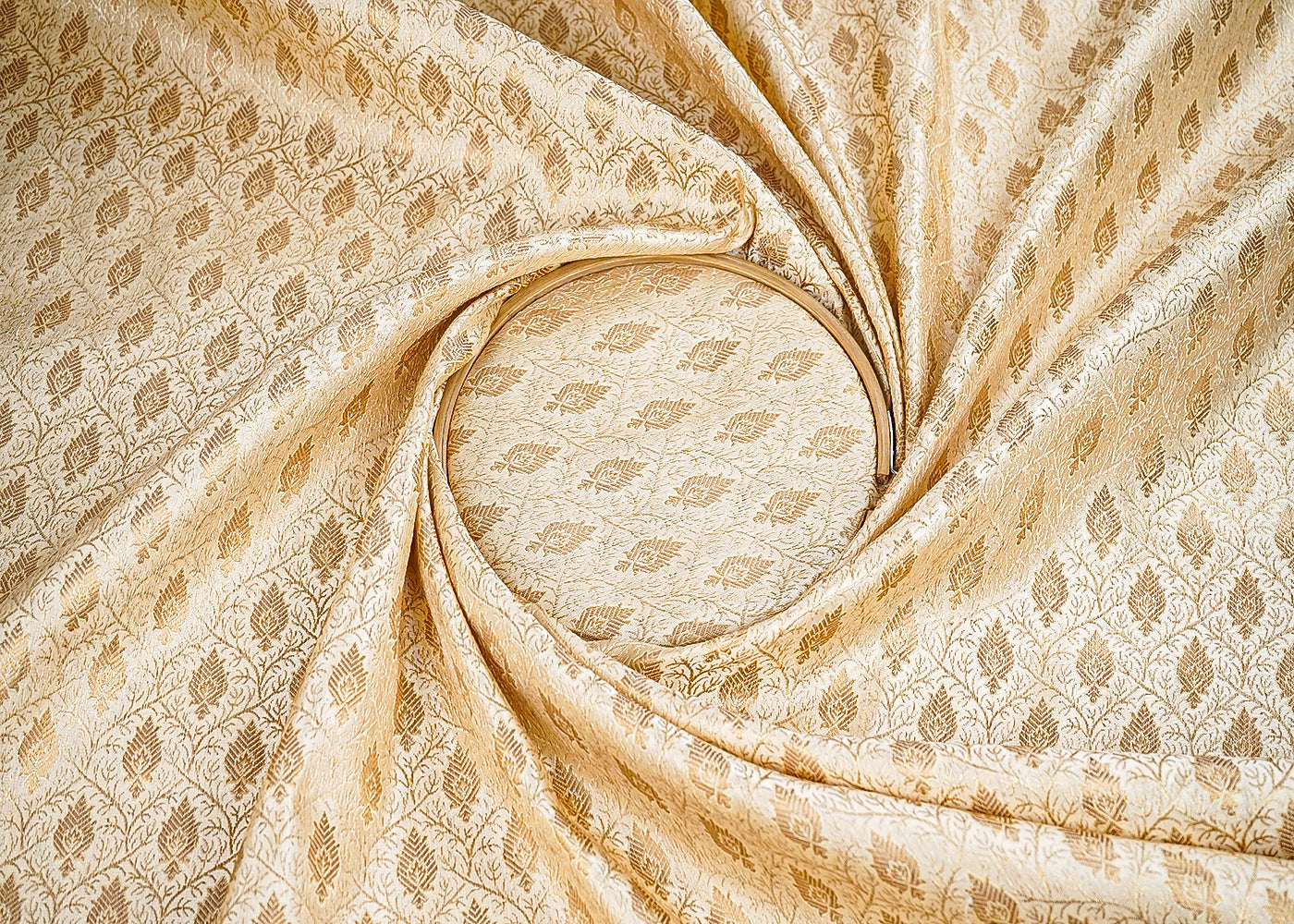 Cream Banarasi Brocade Fabric With All Over Golden Zari Handloom 21641