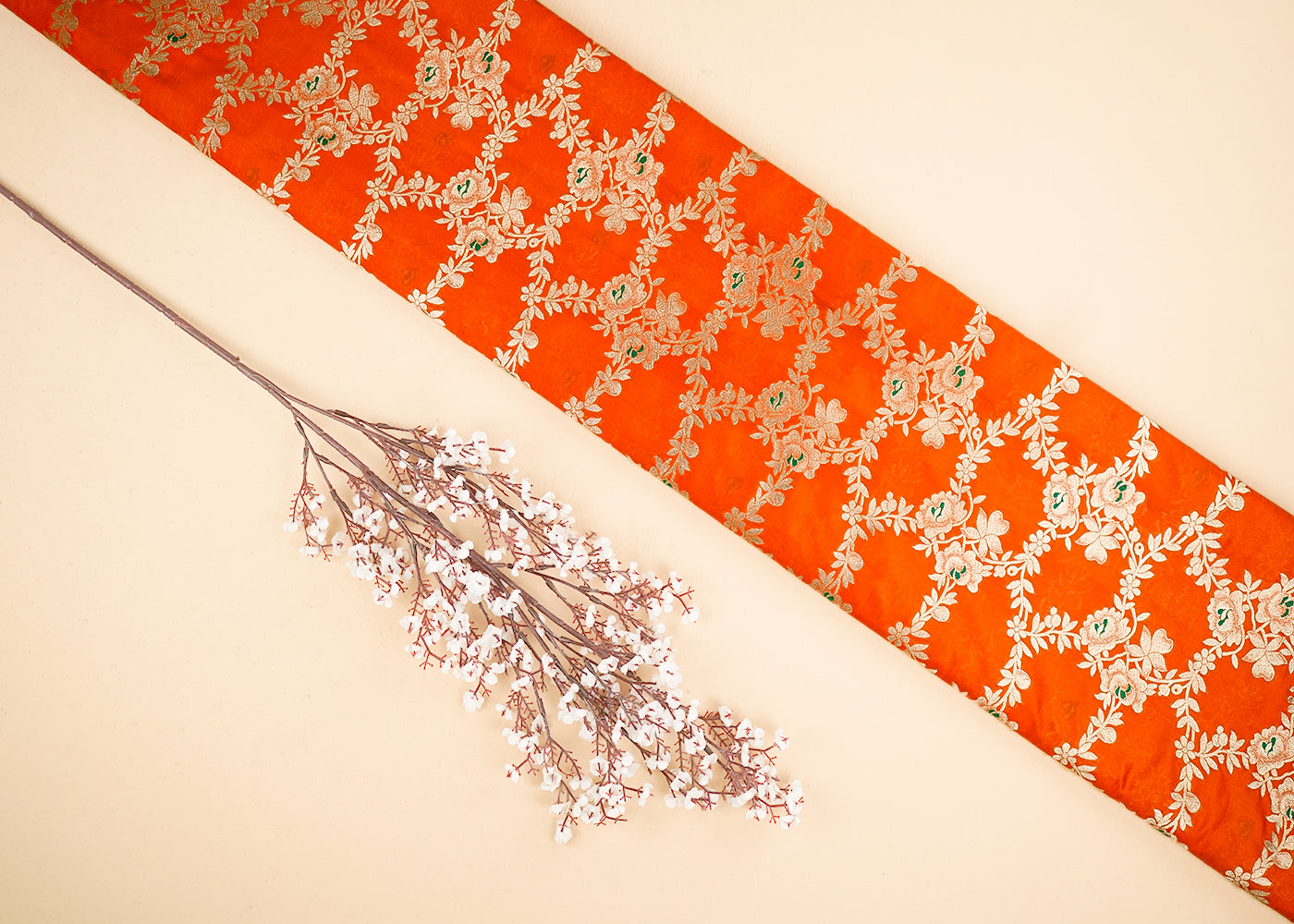 Orange-banarasi-brocade-fabric-with-all-over-golden-zari-handloom-21647