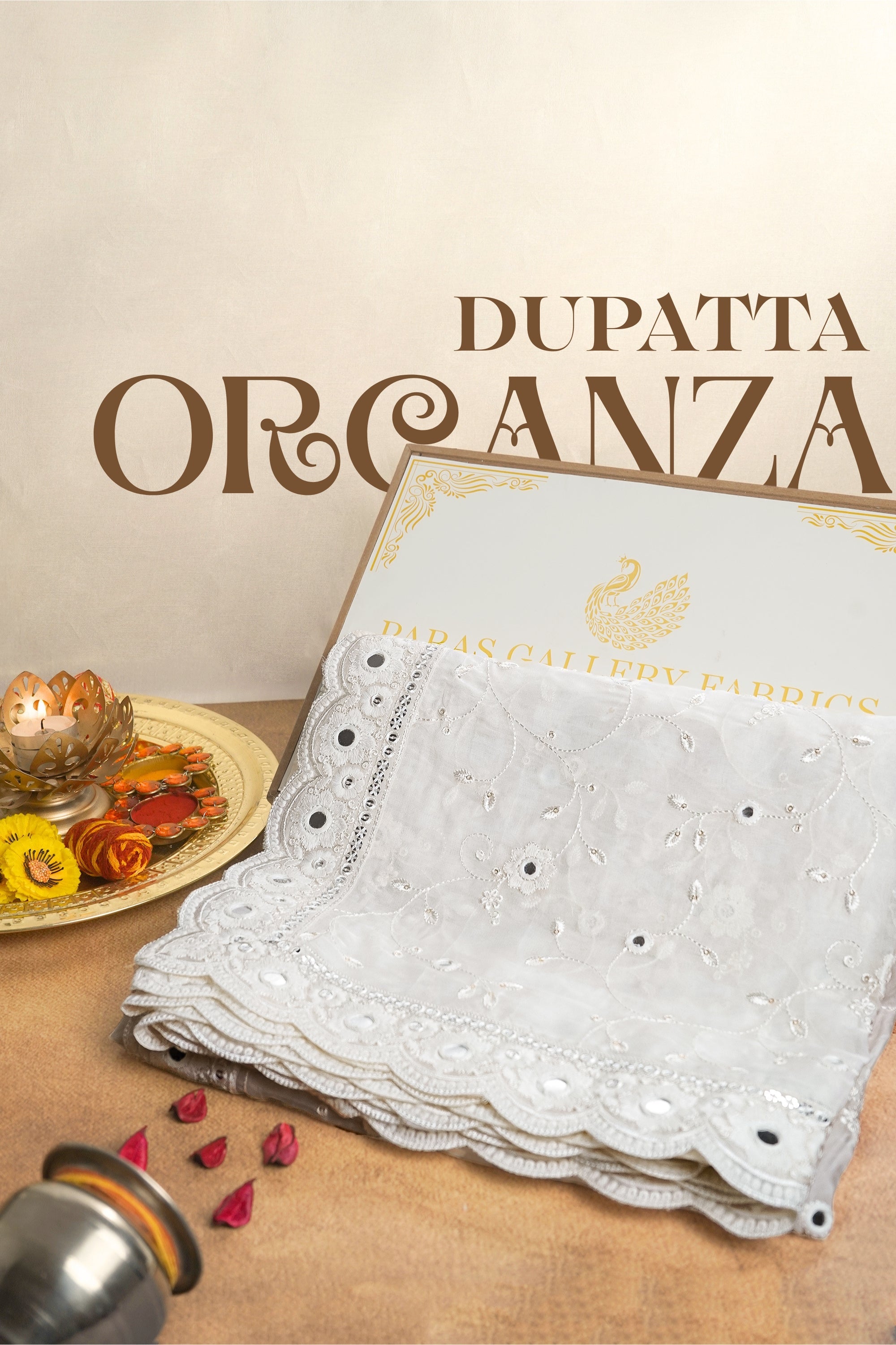 White Dyeable Organza Dupatta With All Over Thread, Sequins And Faux Mirror Work 21648