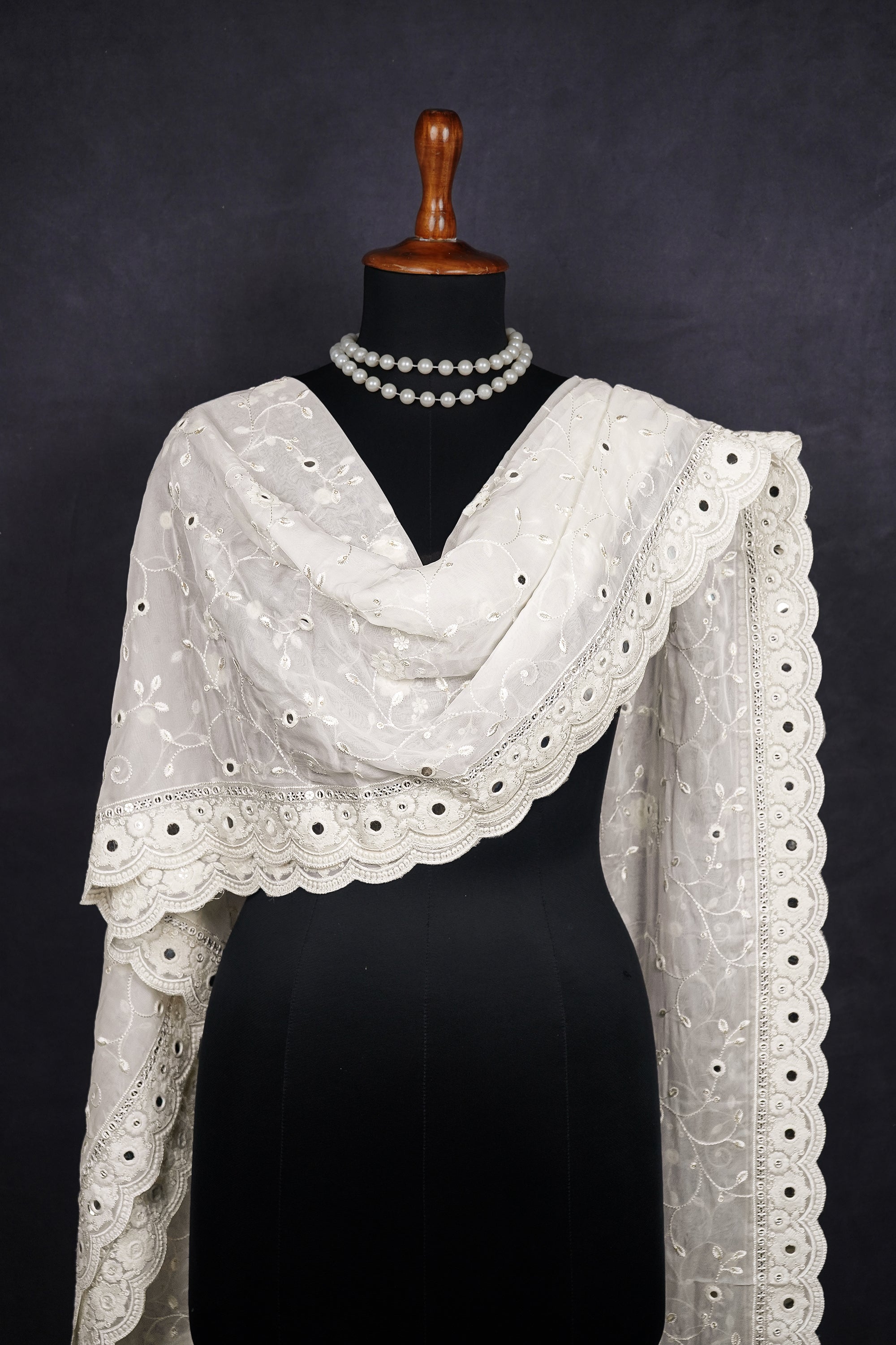 White Dyeable Organza Dupatta With All Over Thread, Sequins And Faux Mirror Work 21648