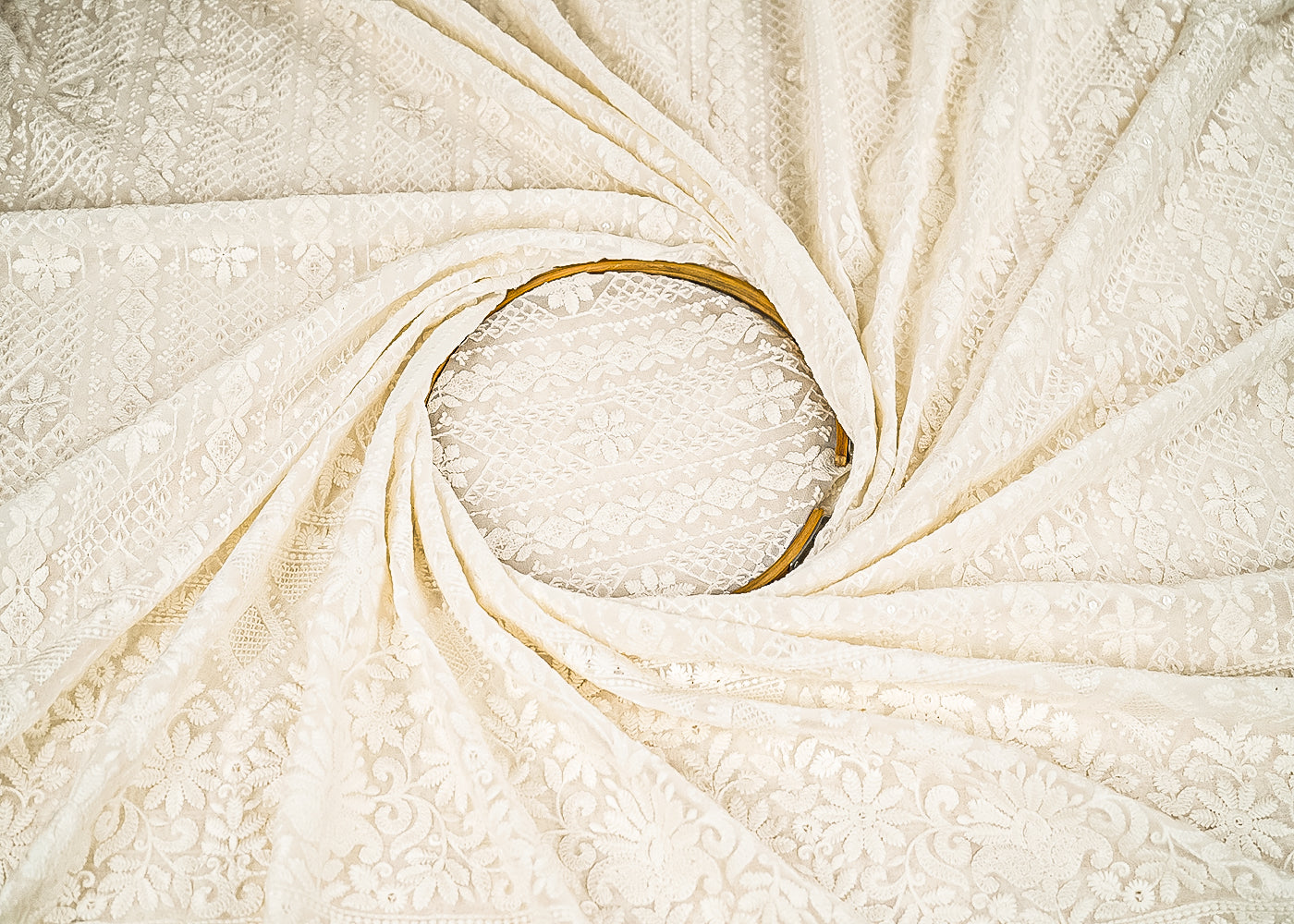 White Dyeable Georgette Fabric With All Over Thread And Sequins Work With One Side Border 21650