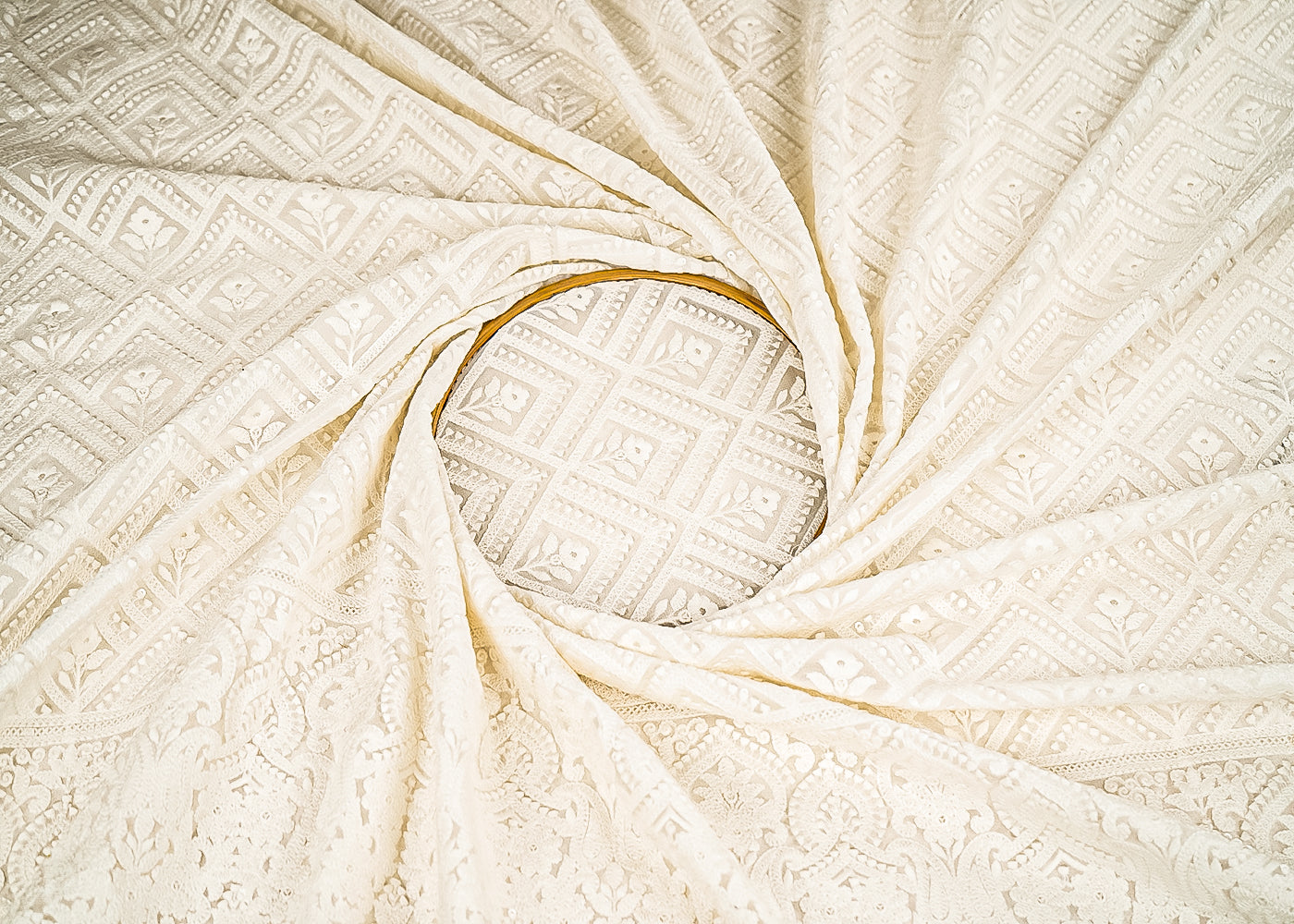 White Dyeable Georgette Fabric With All Over Thread And Sequins Work With One Side Border 21651