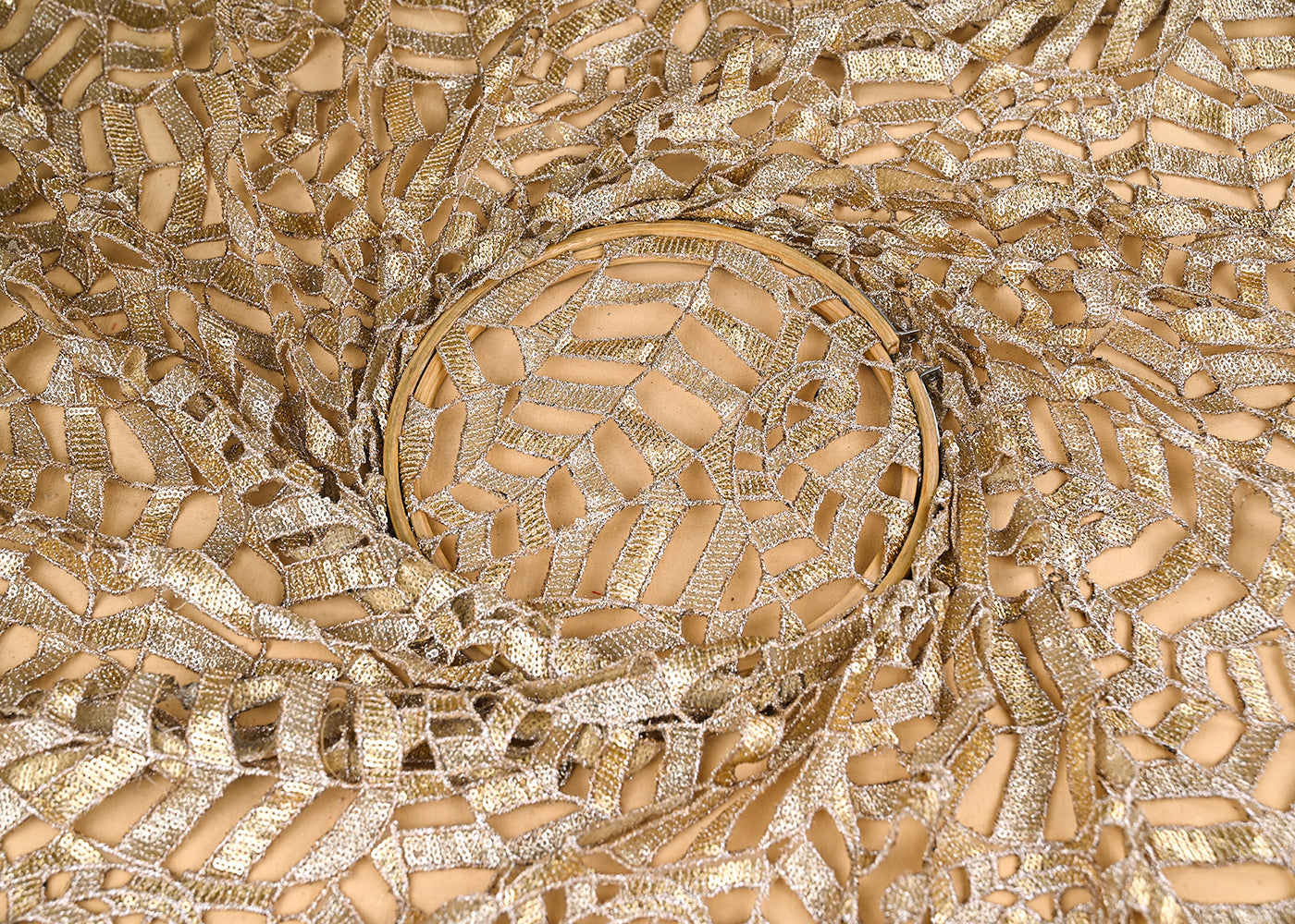 Golden Imported Laser CutWork Net Fabric With All Over Golden Zari And Sequins Work 21654