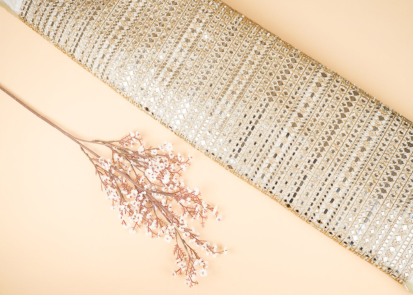 Golden Dyeable Tissue Fabric With All Over Zari, Sequins And Fuax Mirror work 21672