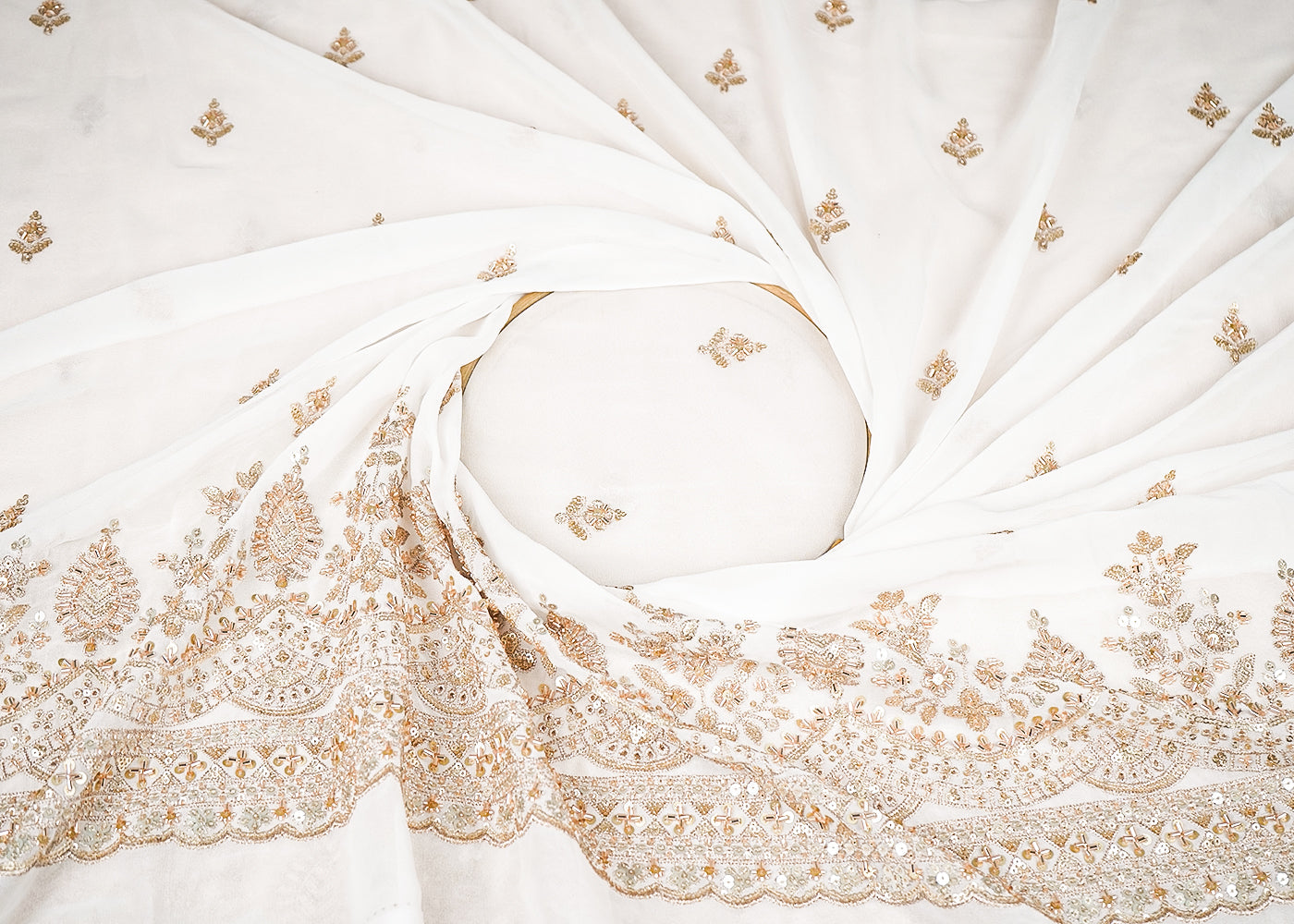 White Dyeable Georgette Fabric With All Over Buti Of Zari, Bead, Sequins And Katdana With One Side Border 21674