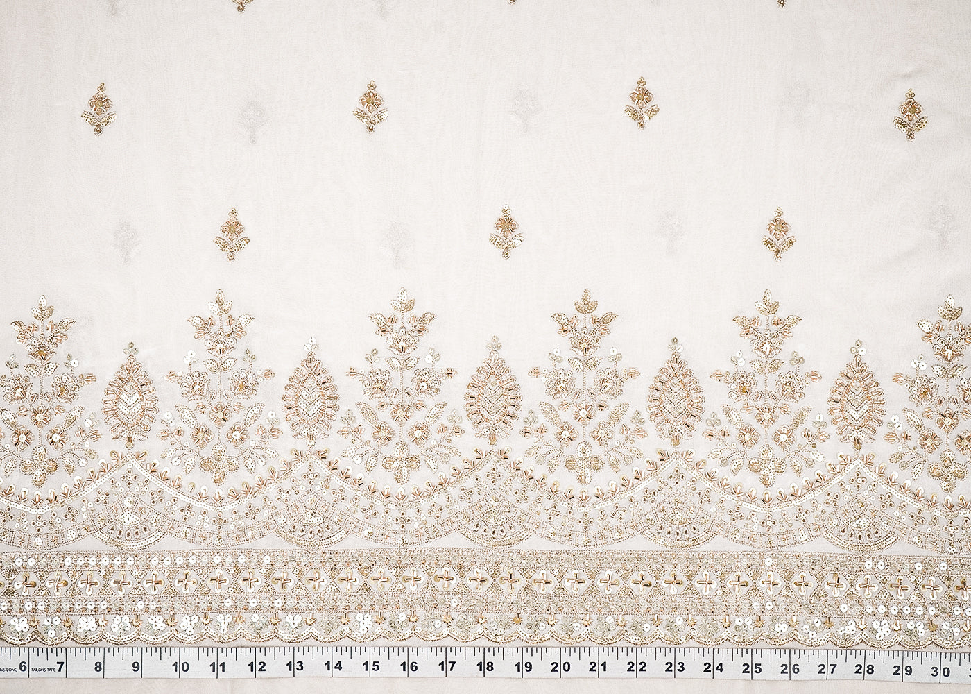 White Dyeable Georgette Fabric With All Over Buti Of Zari, Bead, Sequins And Katdana With One Side Border 21674